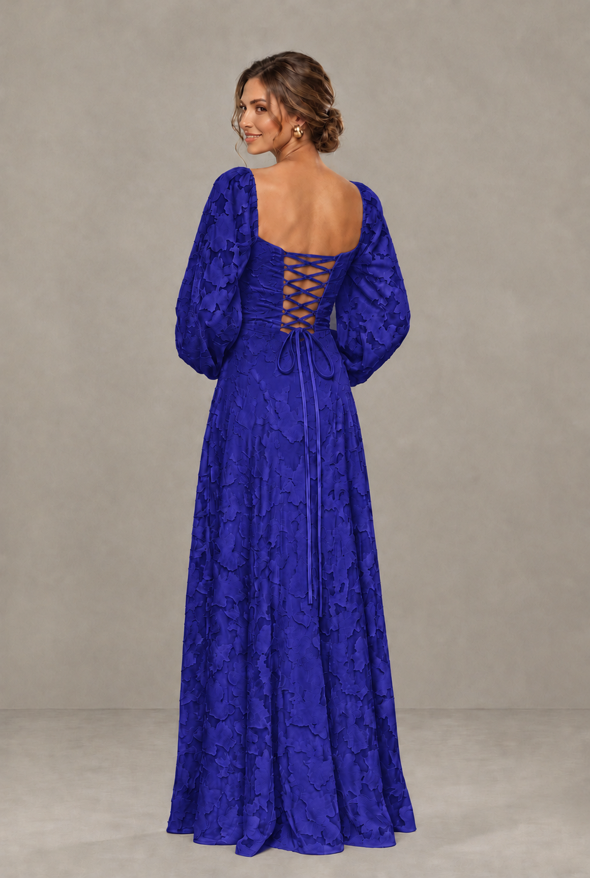 BOLODOO Floral Royal Blue Long Sleeve A-Line Dress with Lace-Up Back - Royal Blue