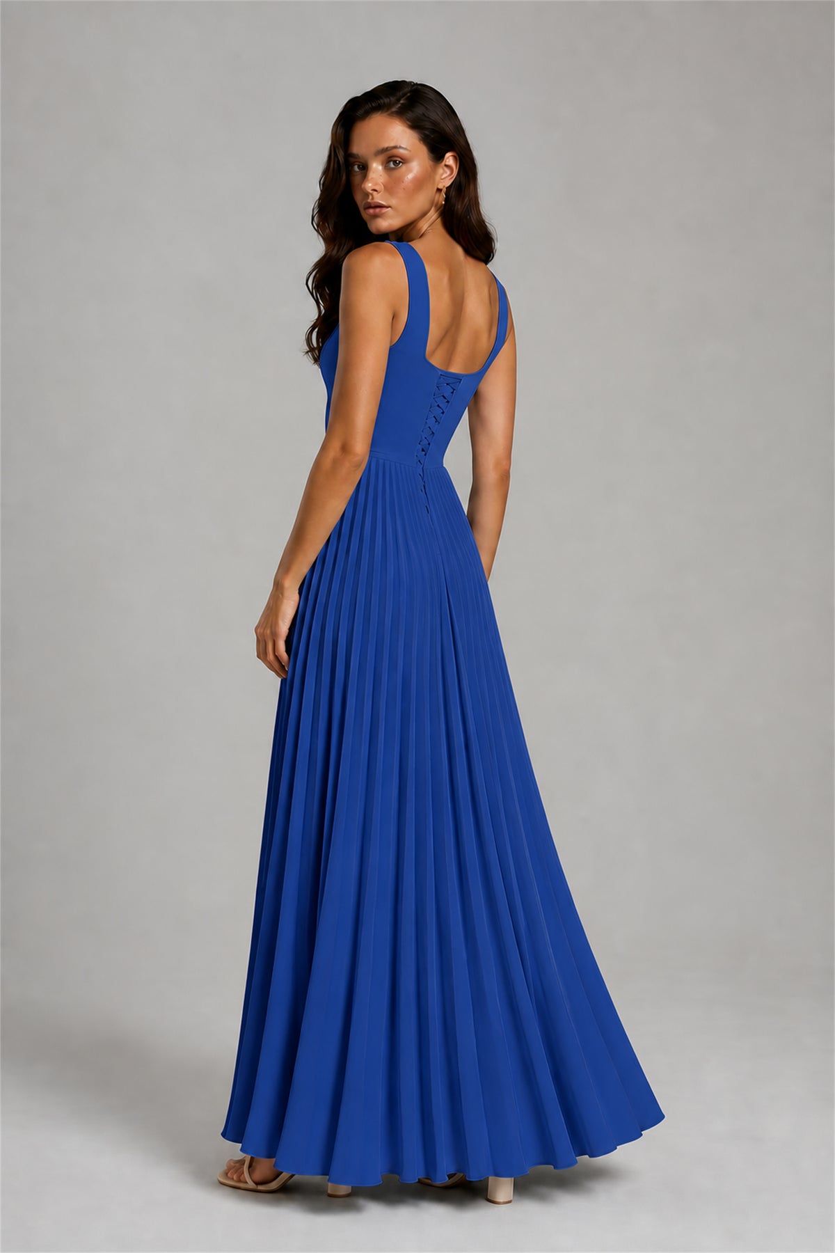 BOLODOO Royal Blue Square Neck Wide Strap Lace-Up Back Pleated A-Line Chiffon Maxi Dress - Royal Blue