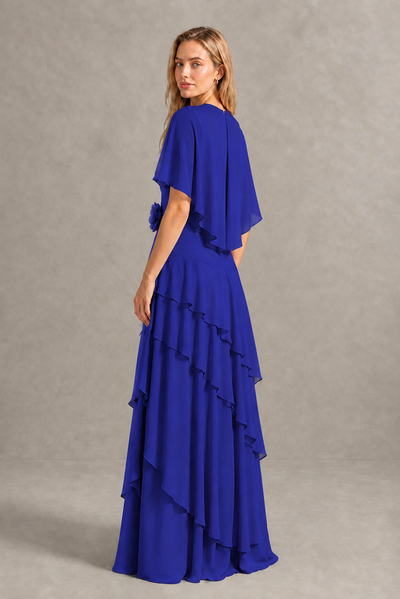 BOLODOO Royal Blue Chiffon Flutter Sleeve Tiered Maxi Dress with 3D Rosette - Royal Blue