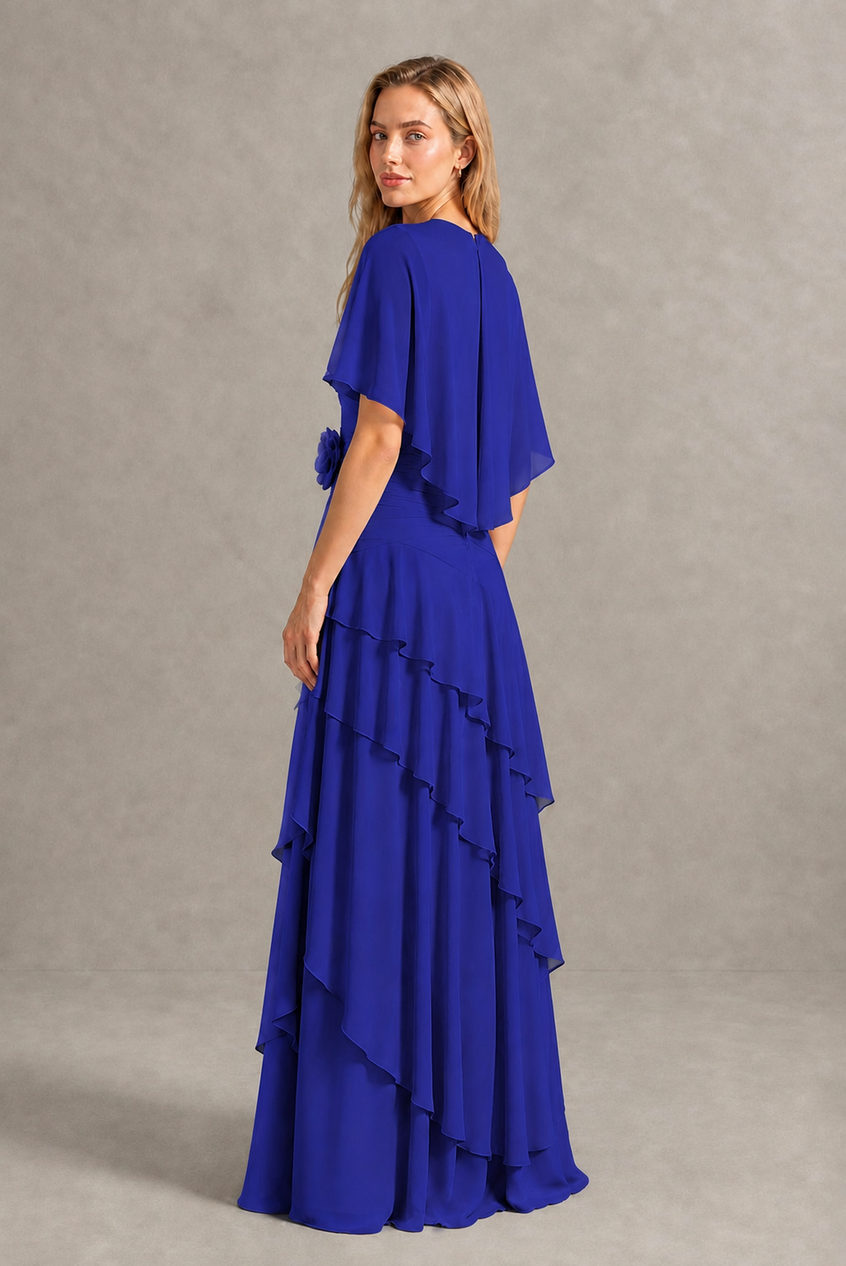 BOLODOO Royal Blue Chiffon Flutter Sleeve Tiered Maxi Dress with 3D Rosette - Royal Blue