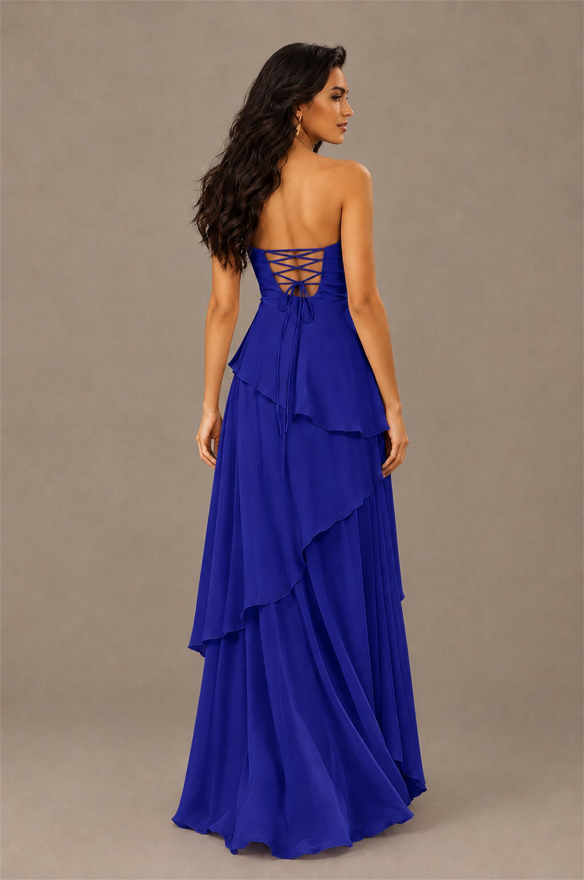 BOLODOO Royal Blue Strapless Sweetheart Knotted Chiffon Tiered Maxi Dress with Lace-Up Back - Royal Blue