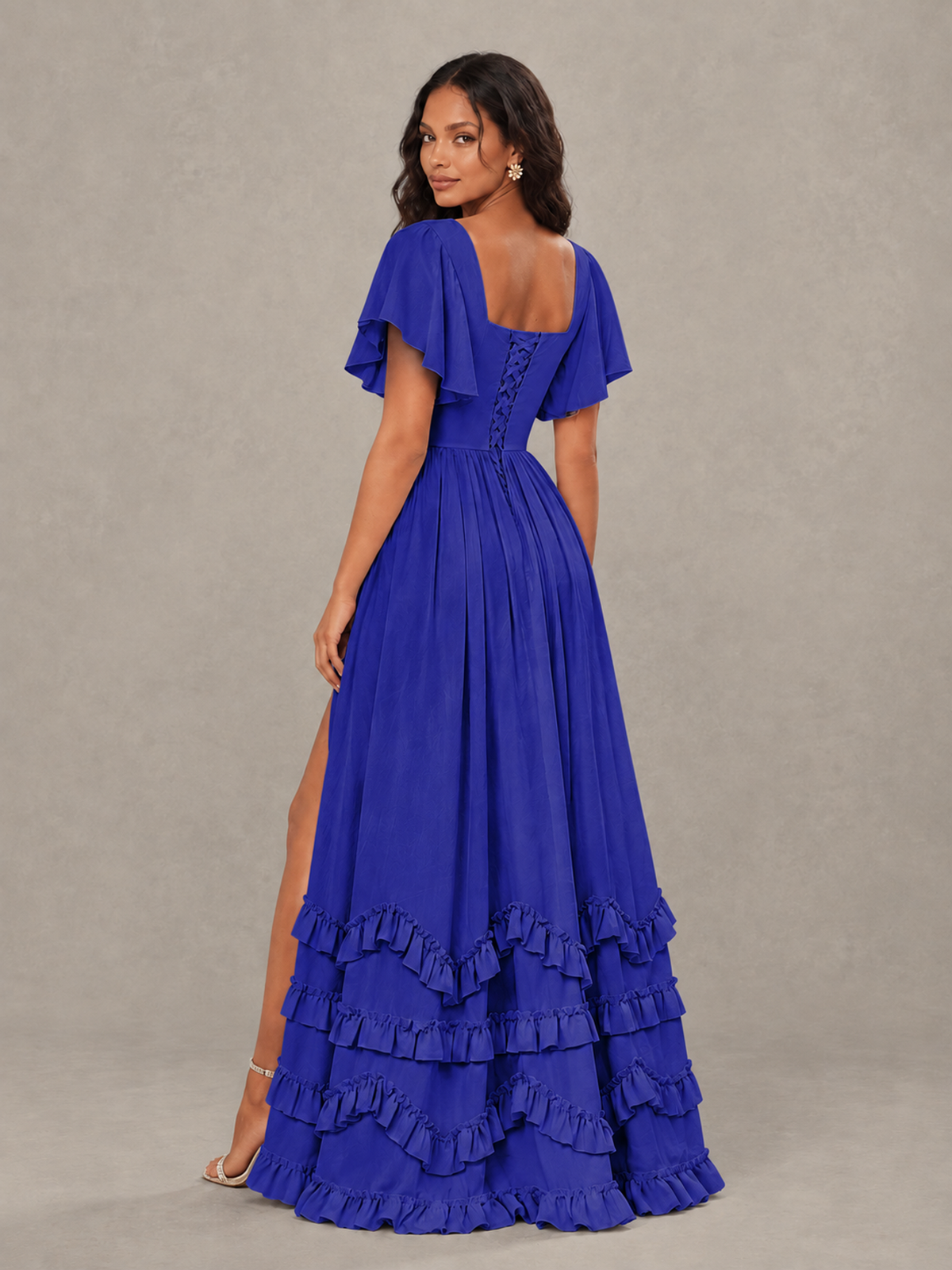 BOLODOO Royal Blue V-Neck Flutter Sleeve Ruffle Bridesmaid Dress with Slit - Royal Blue - Royal Blue (2)
