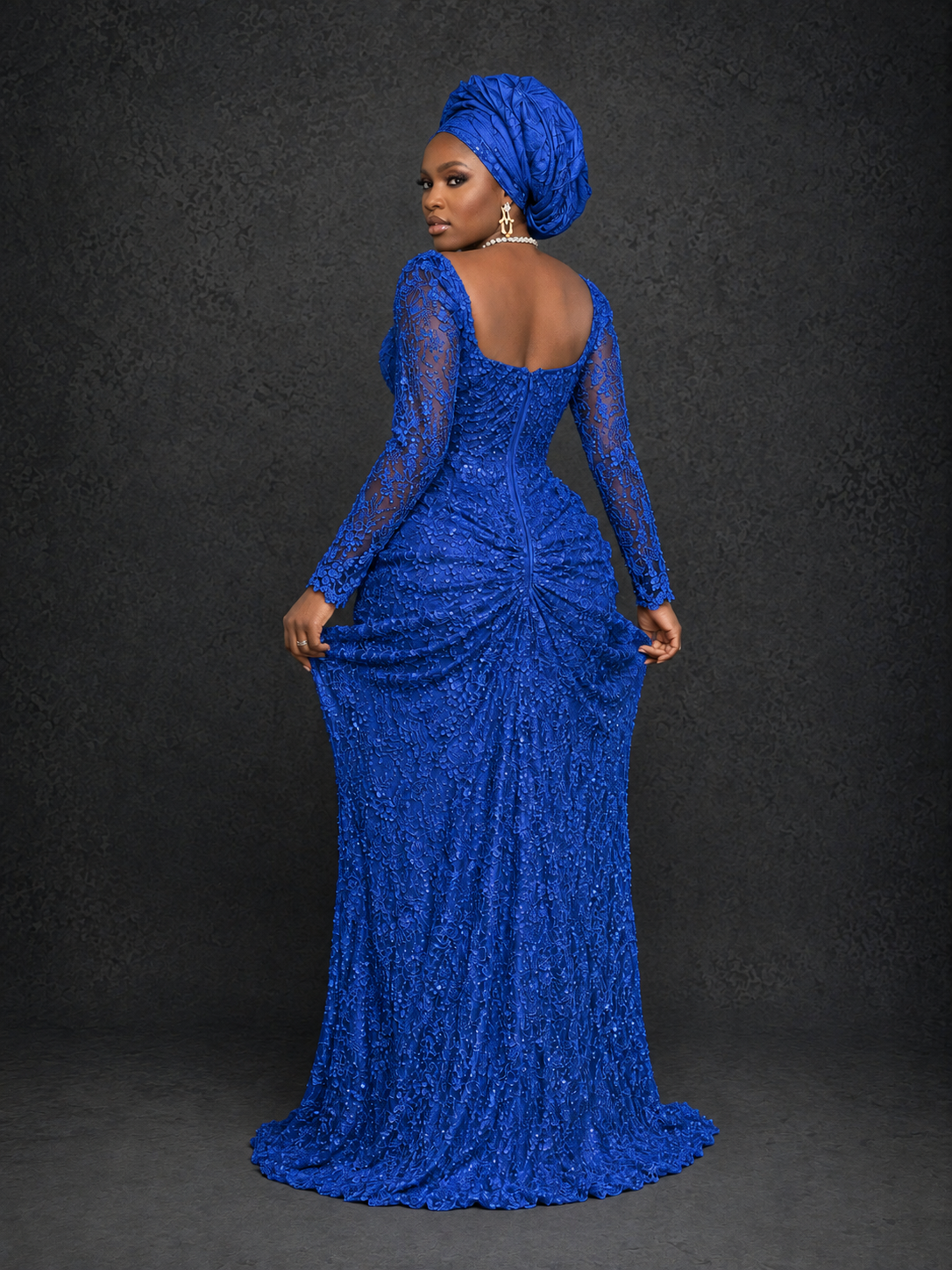 BOLODOO Royal Blue Beaded Lace Long Sleeve Mermaid Gown Sweetheart | Mother of the Bride - Royal Blue