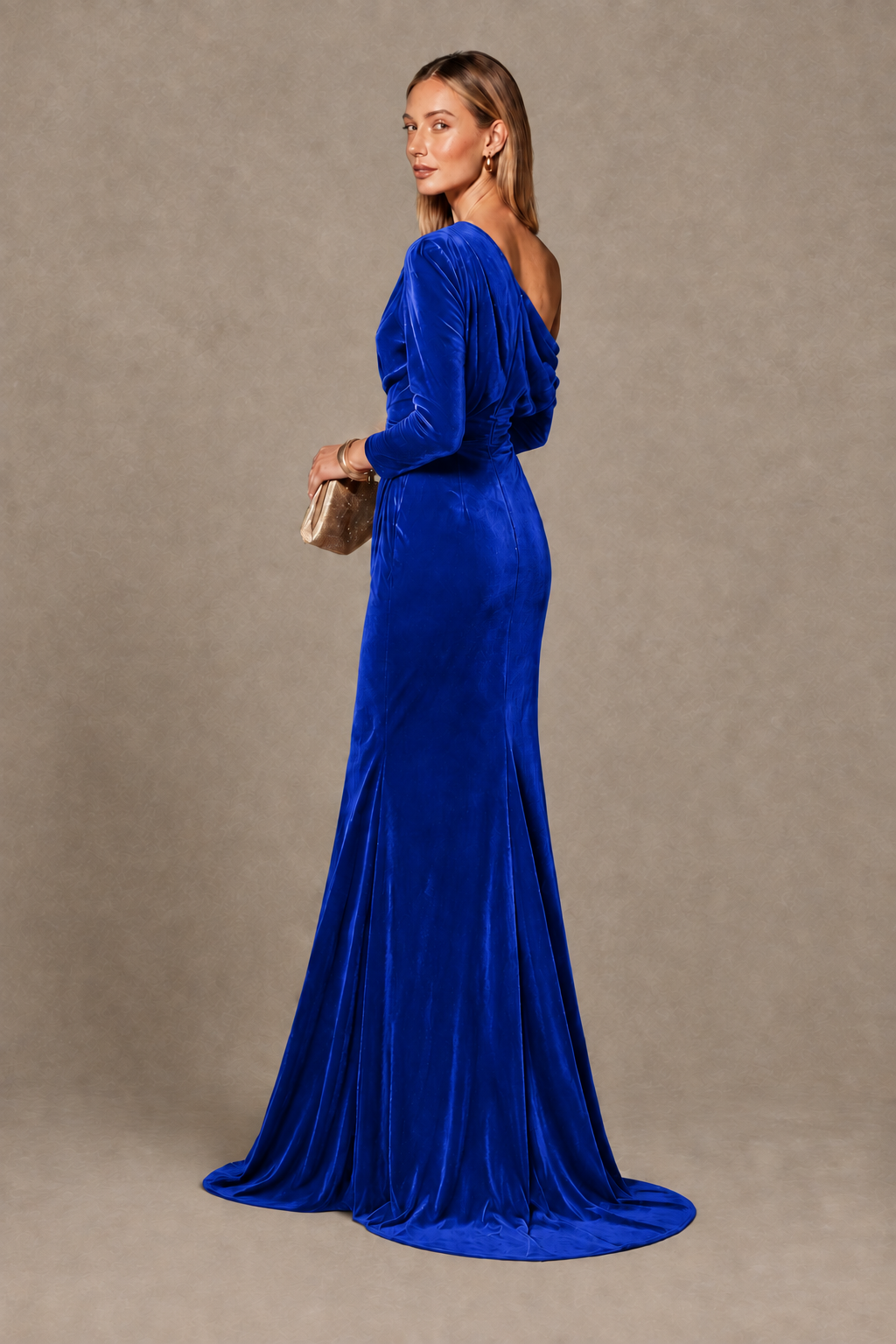 BOLODOO Royal Blue Velvet One-Shoulder Long Sleeve Evening Gown - Royal Blue