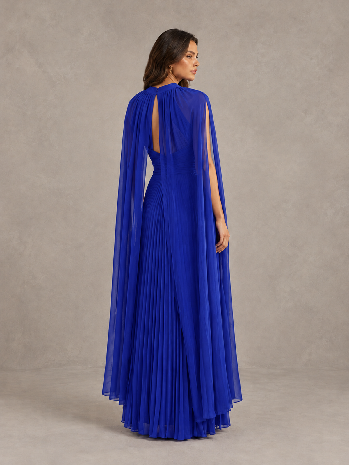 BOLODOO Royal Blue Pleated Cape Maxi Wedding Guest Dress - Royal Blue - Royal Blue (2)