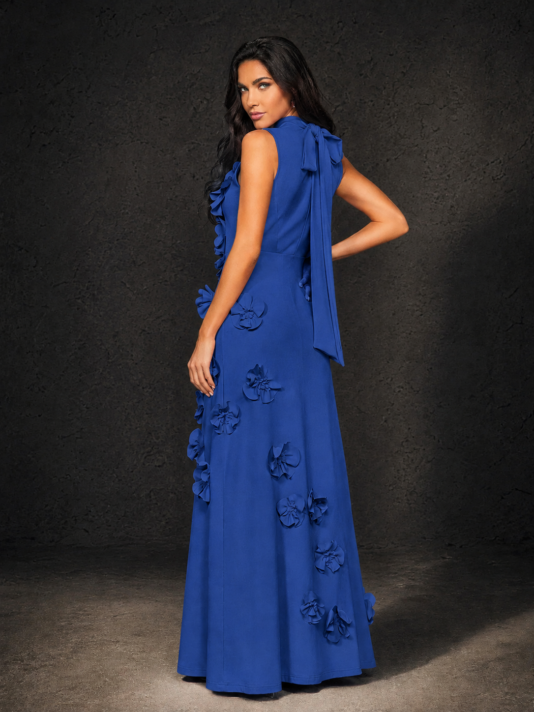 BOLODOO Royal Blue Mock Neck Sleeveless 3D Floral Appliqué Maxi Dress with Bow Back - Royal Blue