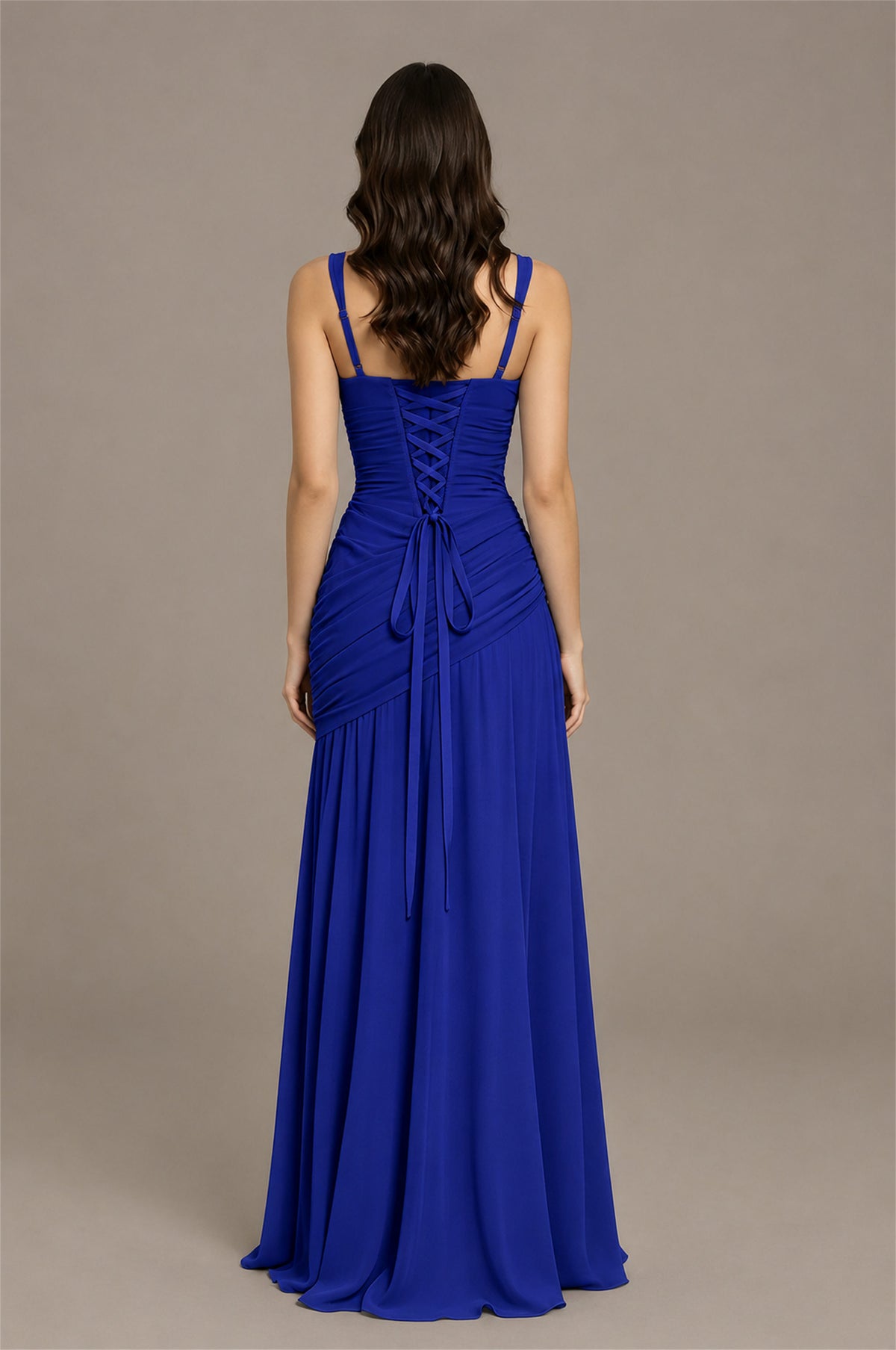 BOLODOO Royal Blue Spaghetti Strap Ruched Maxi Dress – Formal Evening Gown with Slit - Royal Blue