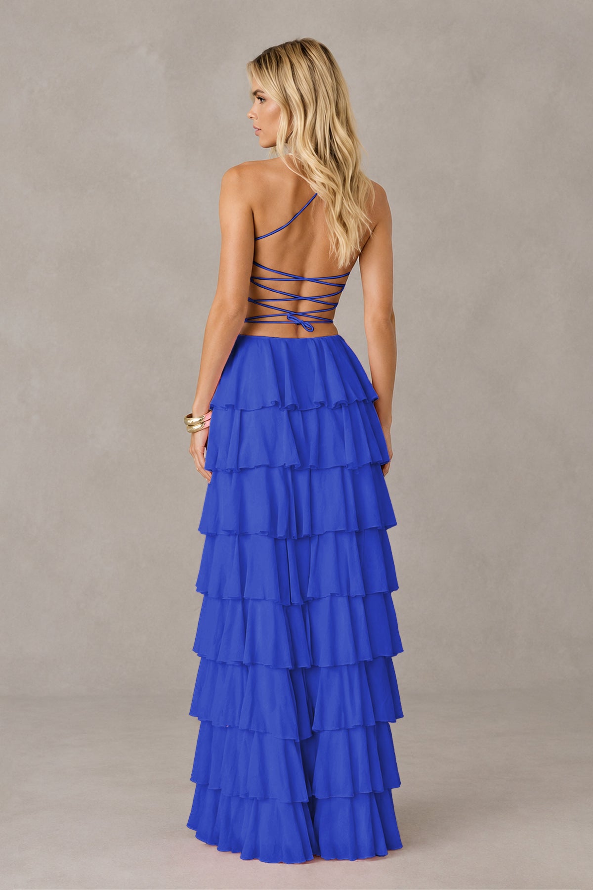 BOLODOO Royal Blue Strapless Tiered Ruffle Maxi Dress with Slit & Lace-Up Back - Royal Blue