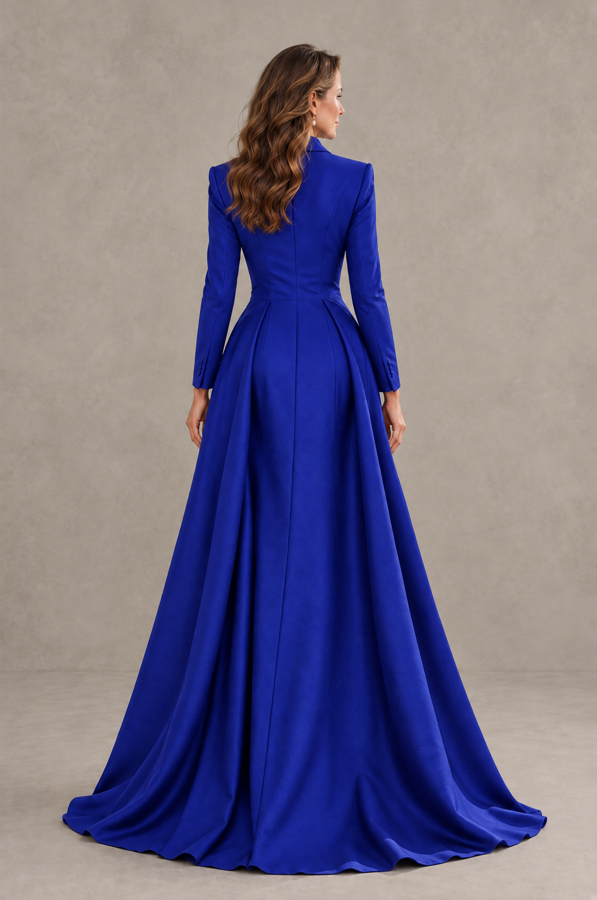 BOLODOO Royal Blue Long Sleeve Lace Blazer Gown with High Slit - Royal Blue - Royal Blue (2)