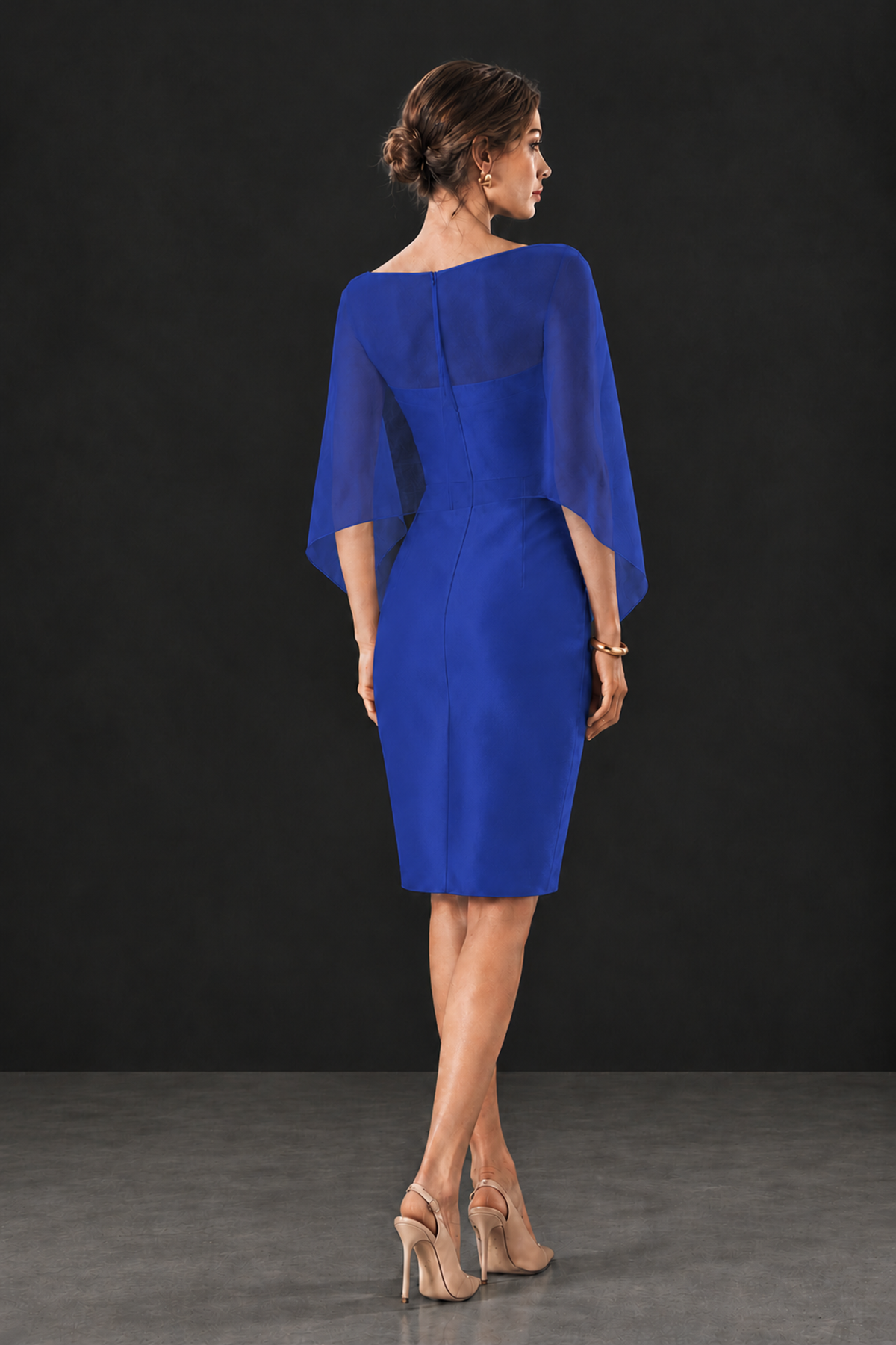 BOLODOO Royal Blue Cape Knee-Length Mother of the Bride Dress - Royal Blue - Royal Blue (2)