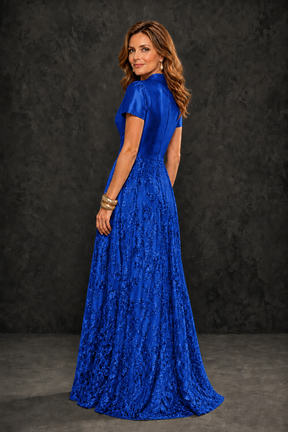 BOLODOO Royal Blue Satin Wrap V-Neck Short Sleeve Lace Glitter A-Line Floor Length Evening Gown – Formal Dress - Royal Blue - Royal Blue (2)