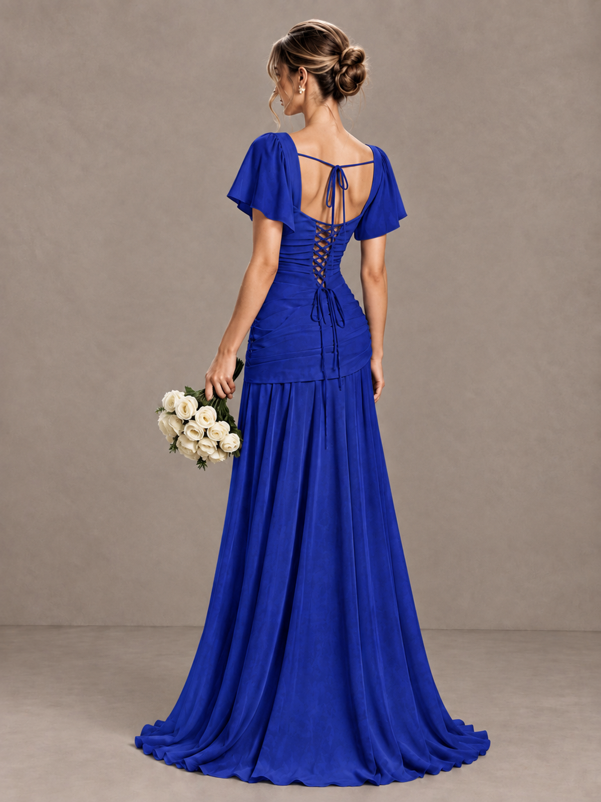 BOLODOO Royal Blue Flutter Sleeve Lace-Up Back Maxi Dress - Royal Blue - Royal Blue (2)