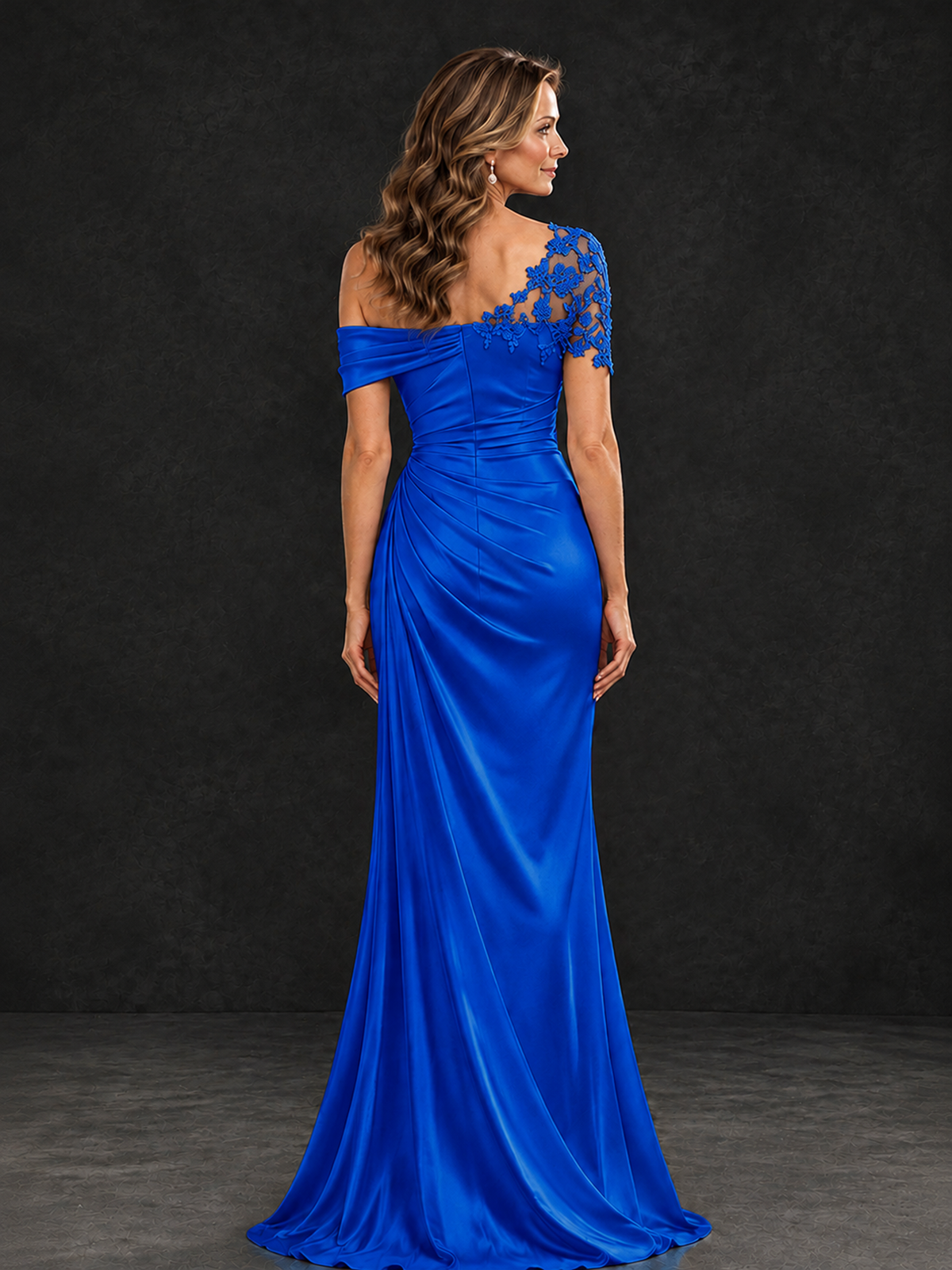BOLODOO Royal Blue Asymmetric Satin Mother of the Bride Dress with Lace Sleeve - Royal Blue - Royal Blue (2)