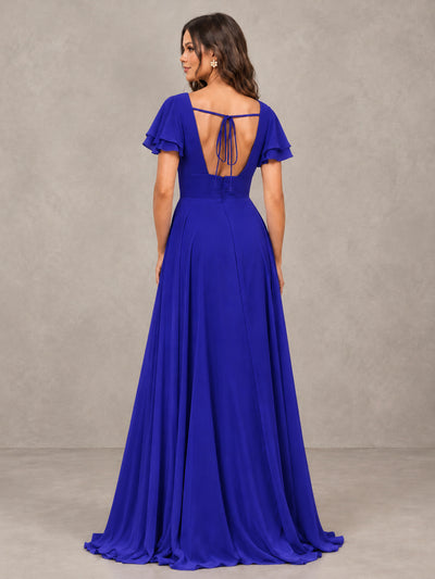 BOLODOO Royal Blue Flutter Sleeve Chiffon A-Line Maxi Bridesmaid Dress with Open Back & Slit - Royal Blue - Royal Blue (2)