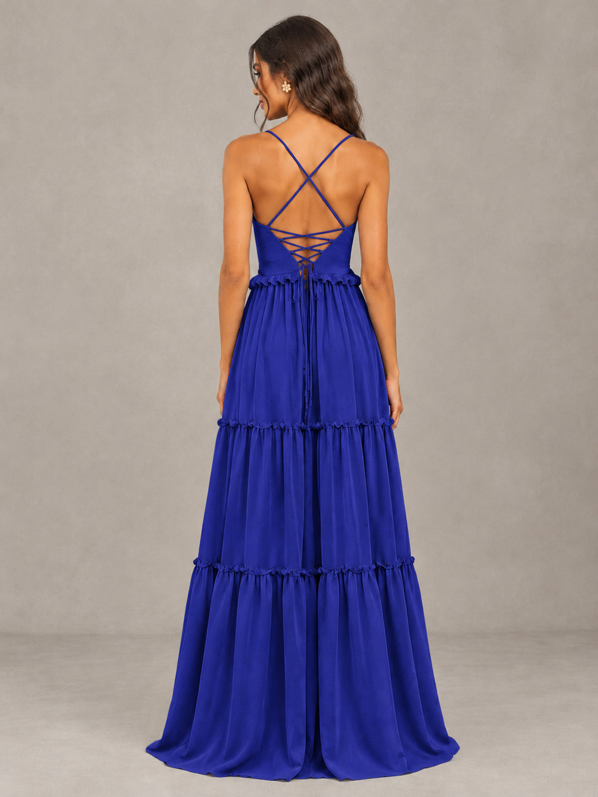 BOLODOO Royal Blue Tiered V-Neck Lace-Up Back Bridesmaid Dress - Royal Blue - Royal Blue (2)