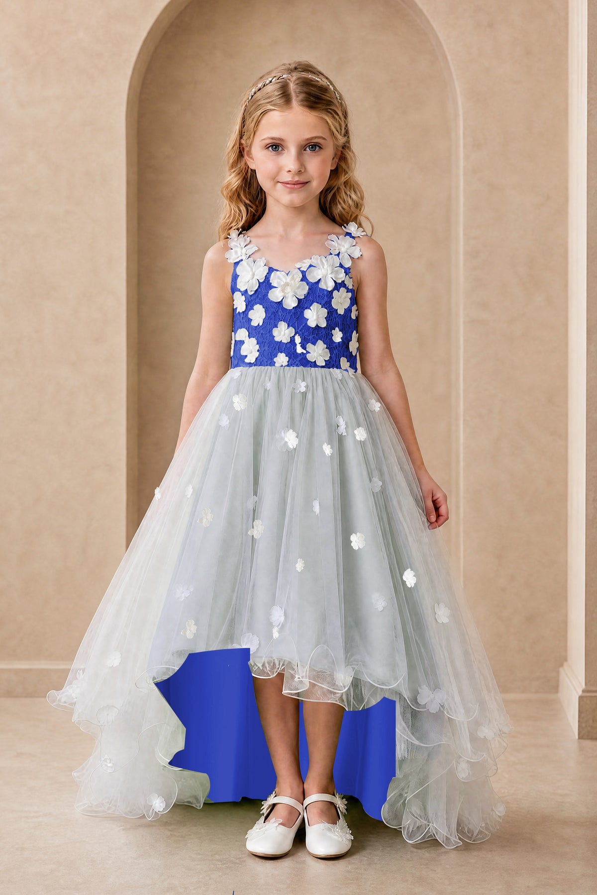 BOLODOO Royal Blue Flower Girl Dress with Floral Appliqué and High-Low Tulle Skirt - Royal Blue