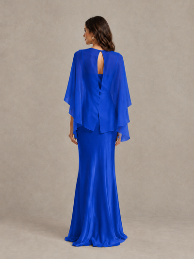 BOLODOO Royal Blue Satin Mermaid Bridesmaid Dress with Chiffon Cape - Royal Blue - Royal Blue (2)
