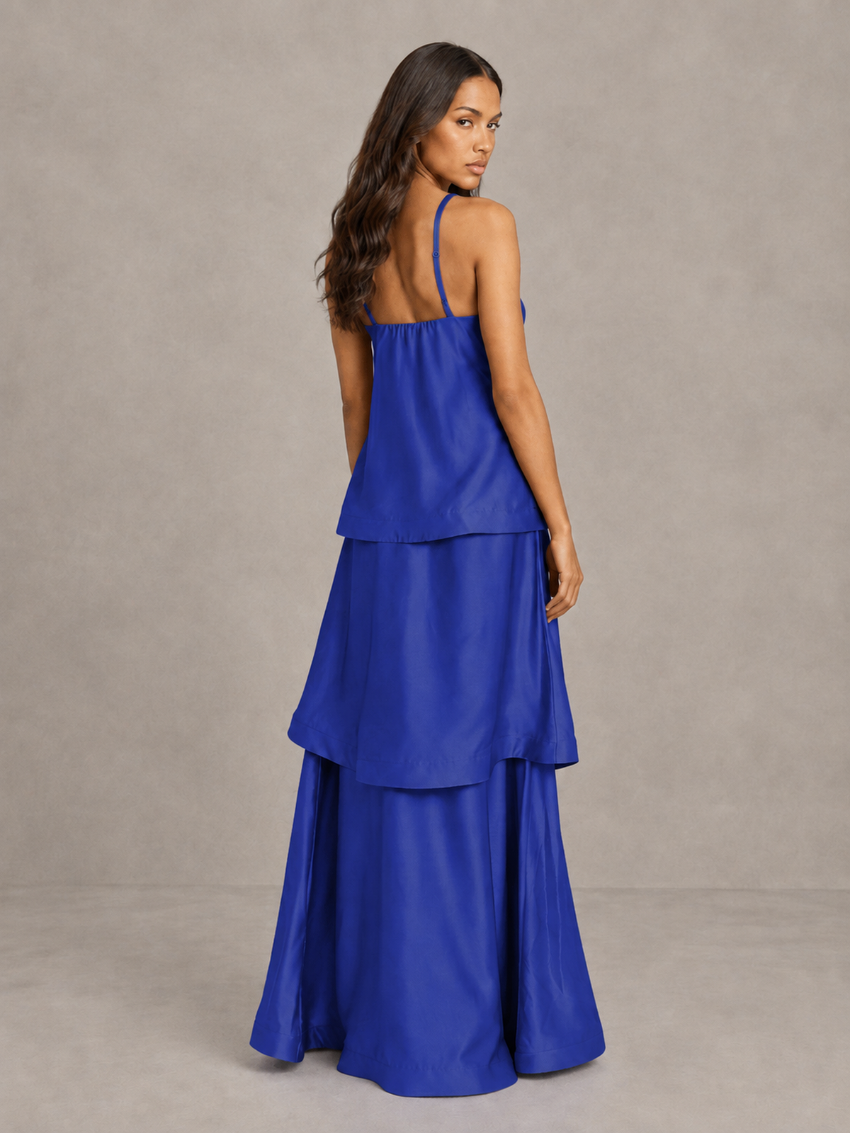 BOLODOO Royal Blue Satin Tiered Maxi Dress with Spaghetti Straps - Royal Blue