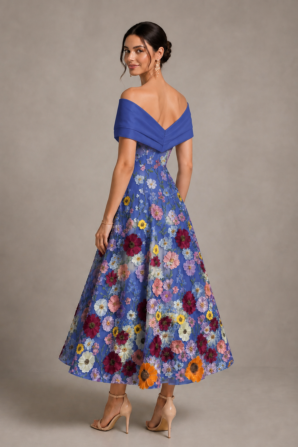 Royal Blue Off-Shoulder Satin & 3D Floral Embroidered Tulle Tea Length A-Line Dress - Royal Blue