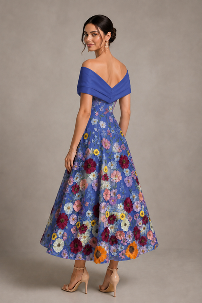 Royal Blue Off-Shoulder Satin & 3D Floral Embroidered Tulle Tea Length A-Line Dress - Royal Blue