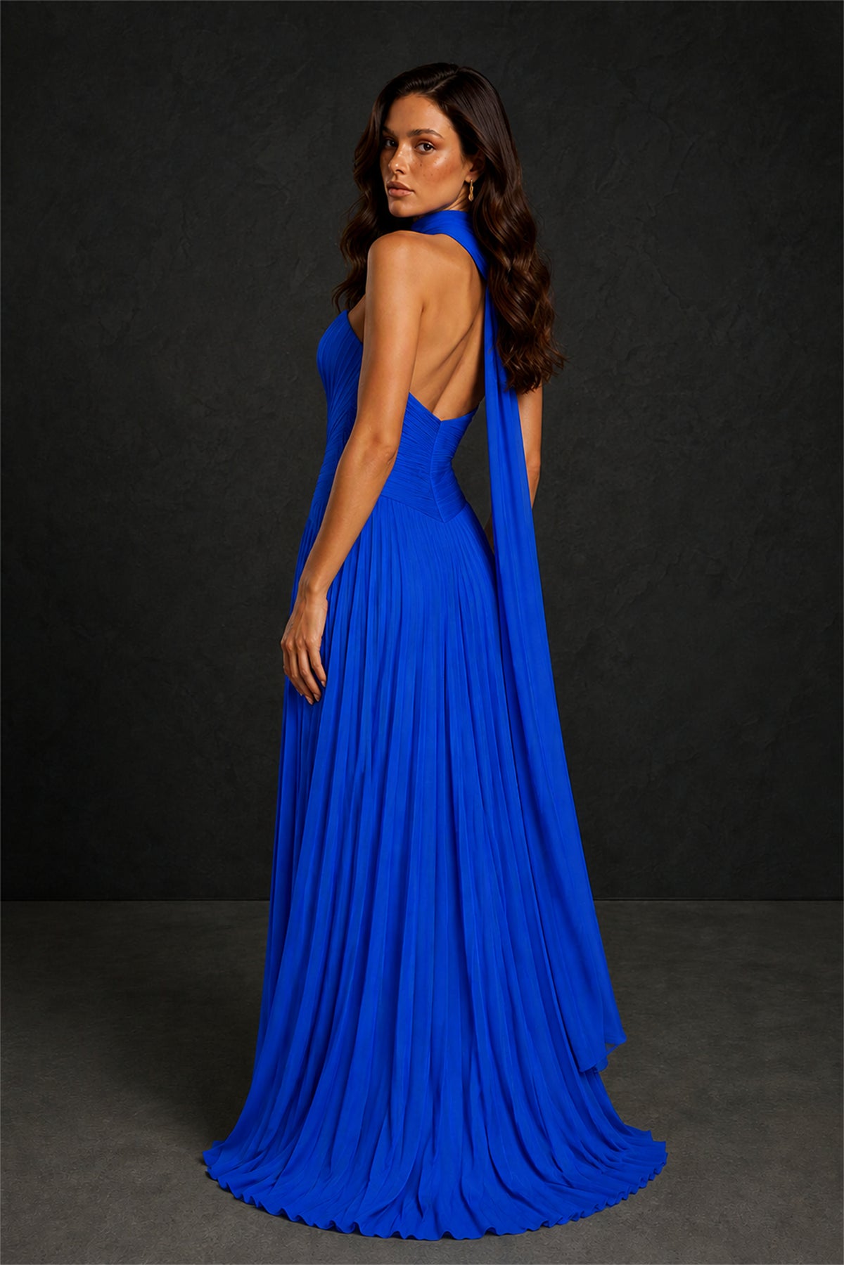 BOLODOO Royal Blue Sweetheart Strapless Neck Scarf Pleated Backless A-Line Chiffon Maxi Dress - Royal Blue - Royal Blue