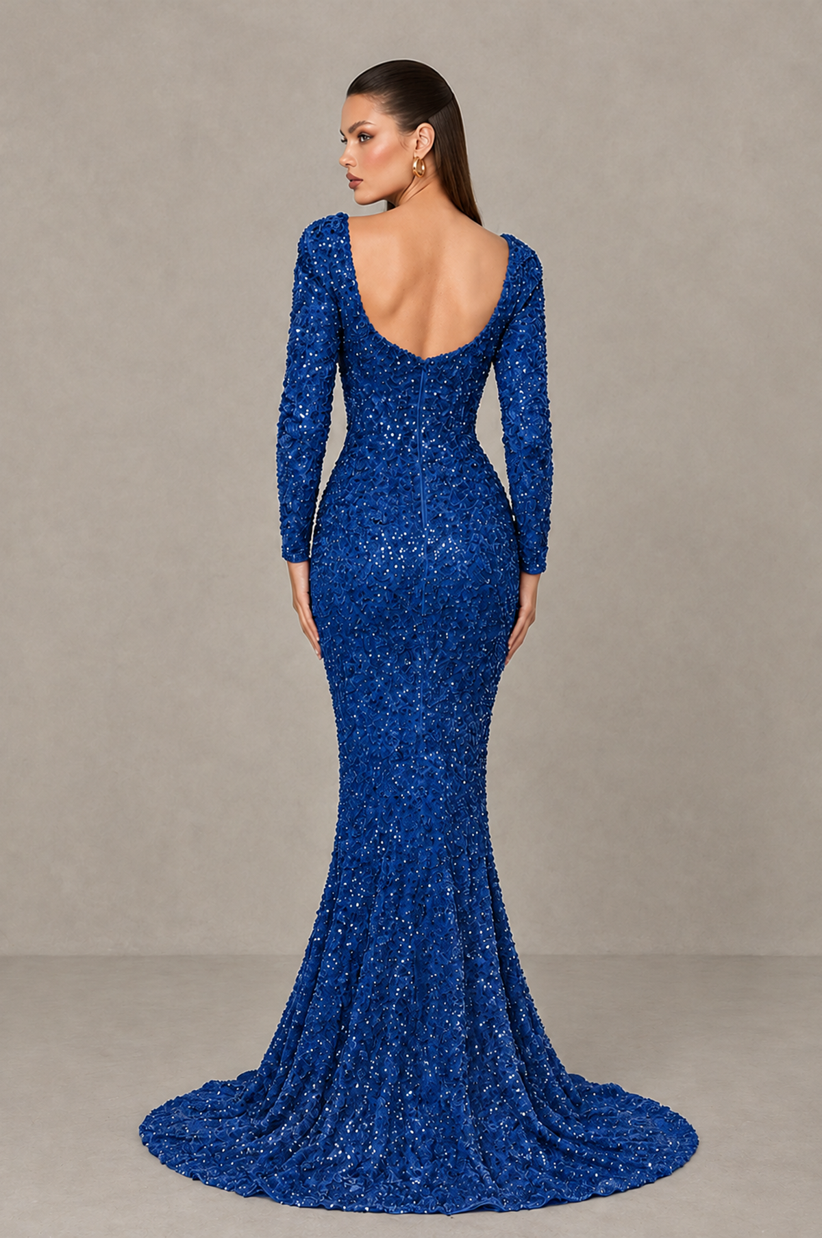 BOLODOO Royal Blue Sequin Long Sleeve Evening Gown with High Slit - Royal_Blue - Royal_Blue (2)