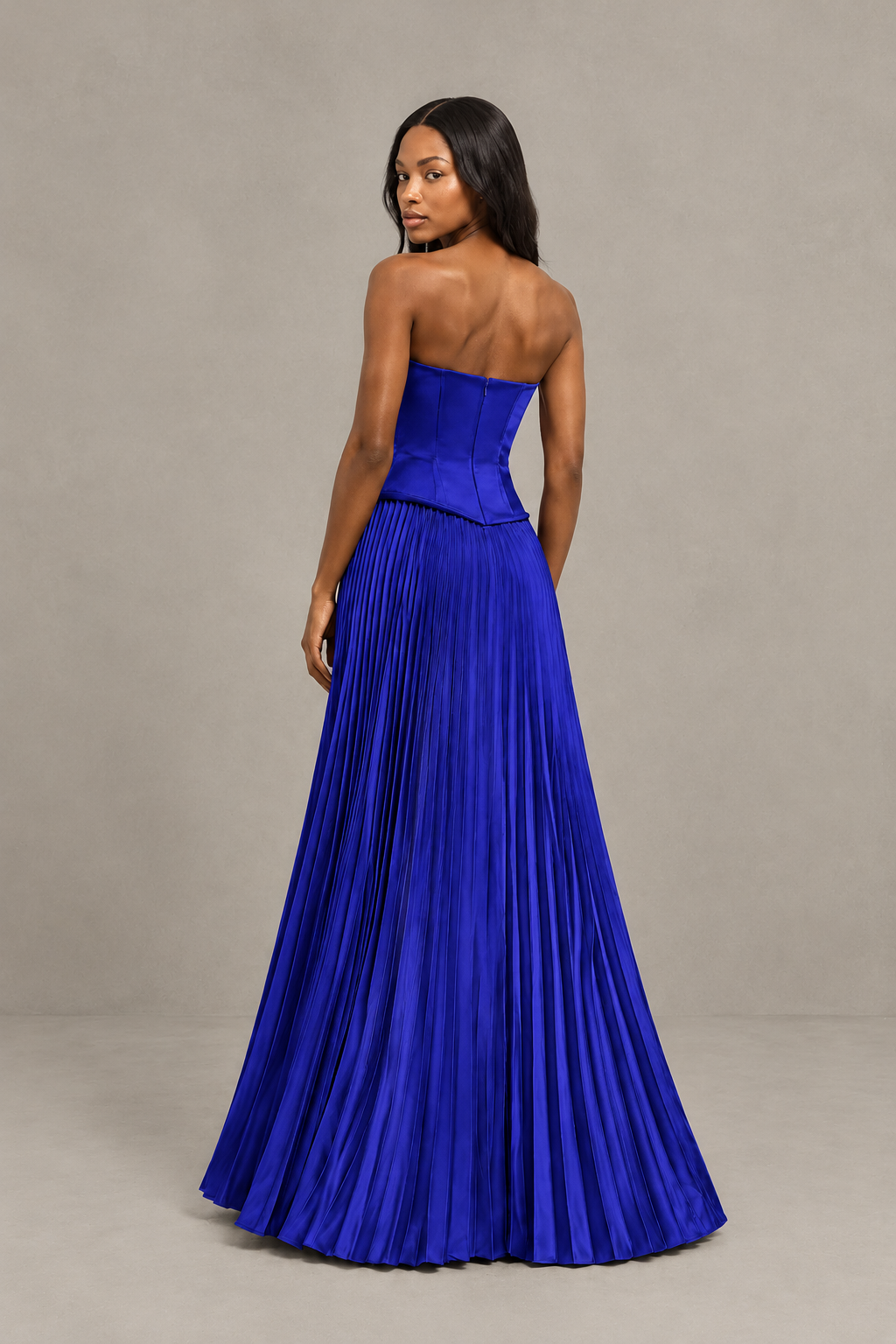 BOLODOO Royal Blue Strapless Pleated Satin Evening Prom Dress - Royal Blue