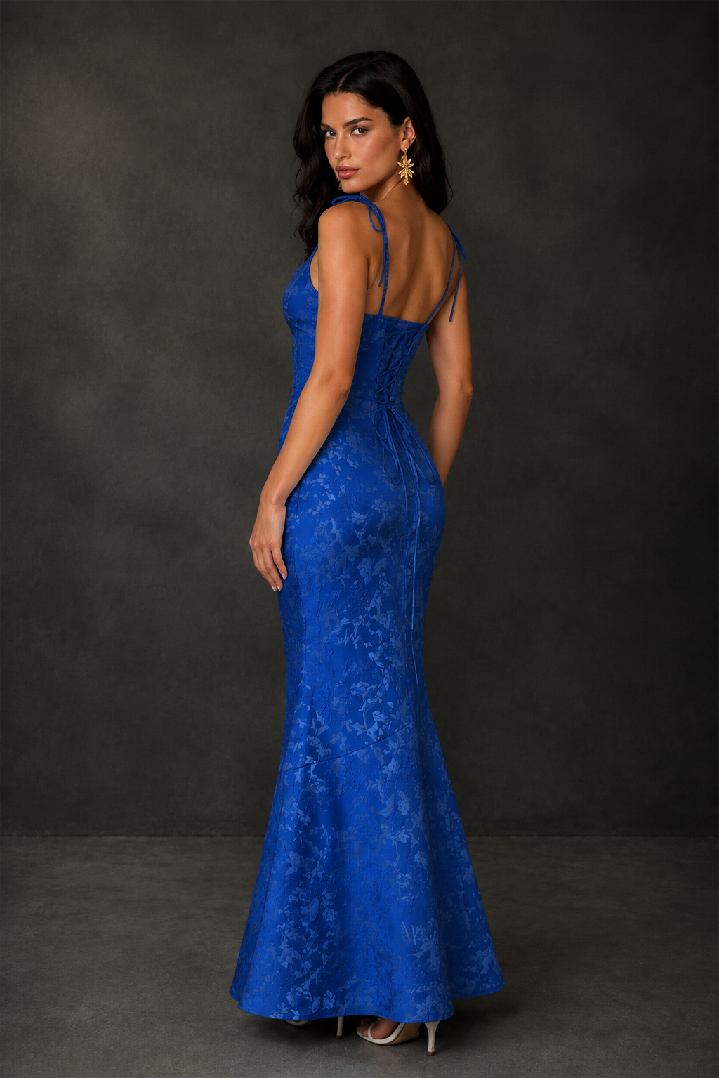 BOLODOO Royal Blue Scoop Neck Tie Strap Lace-Up Back Floral Jacquard Mermaid Maxi Dress - Royal Blue