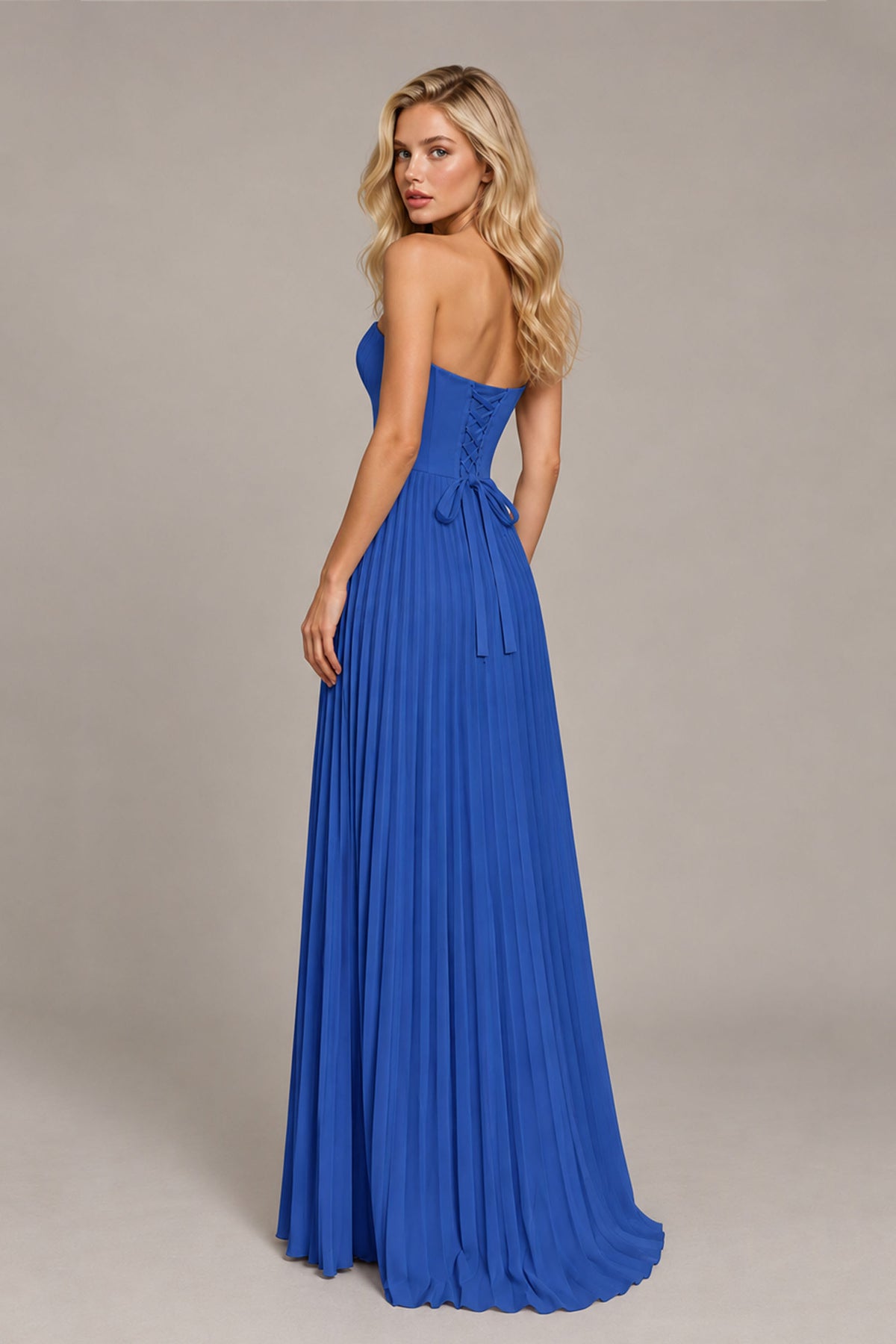 BOLODOO Royal Blue Strapless Sunburst Pleated Twisted Knot Lace-Up Back Accordion Pleated Chiffon Maxi Dress - Royal Blue