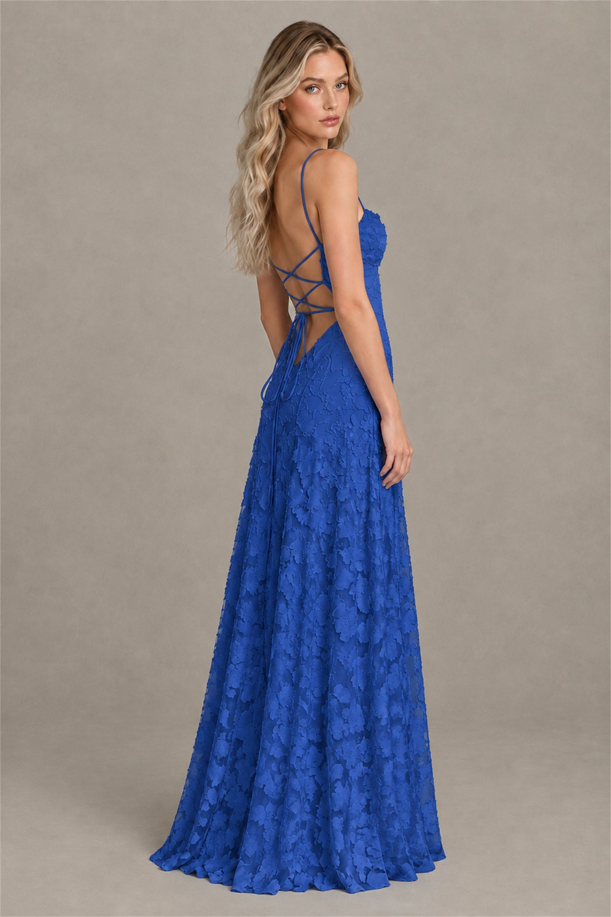 BOLODOO Royal Blue Floral Appliqué Lace-Up Back Maxi Dress - Royal Blue