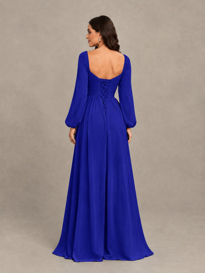 BOLODOO Royal Blue Long Sleeve Chiffon Bridesmaid Dress with Slit - Royal Blue - Royal Blue (2)