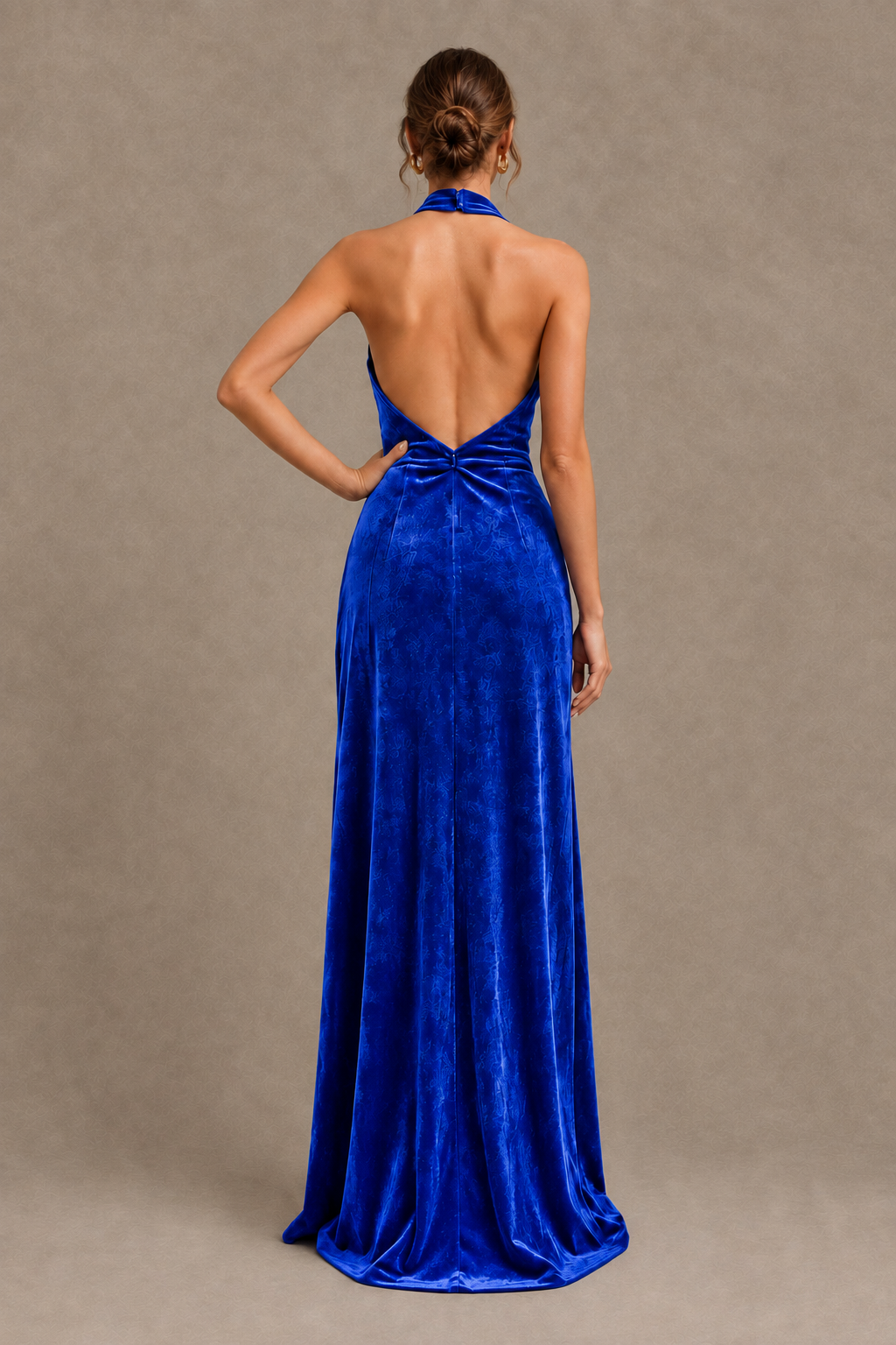 BOLODOO Royal Blue Velvet Halter Neck Open Back Evening Gown - Royal Blue