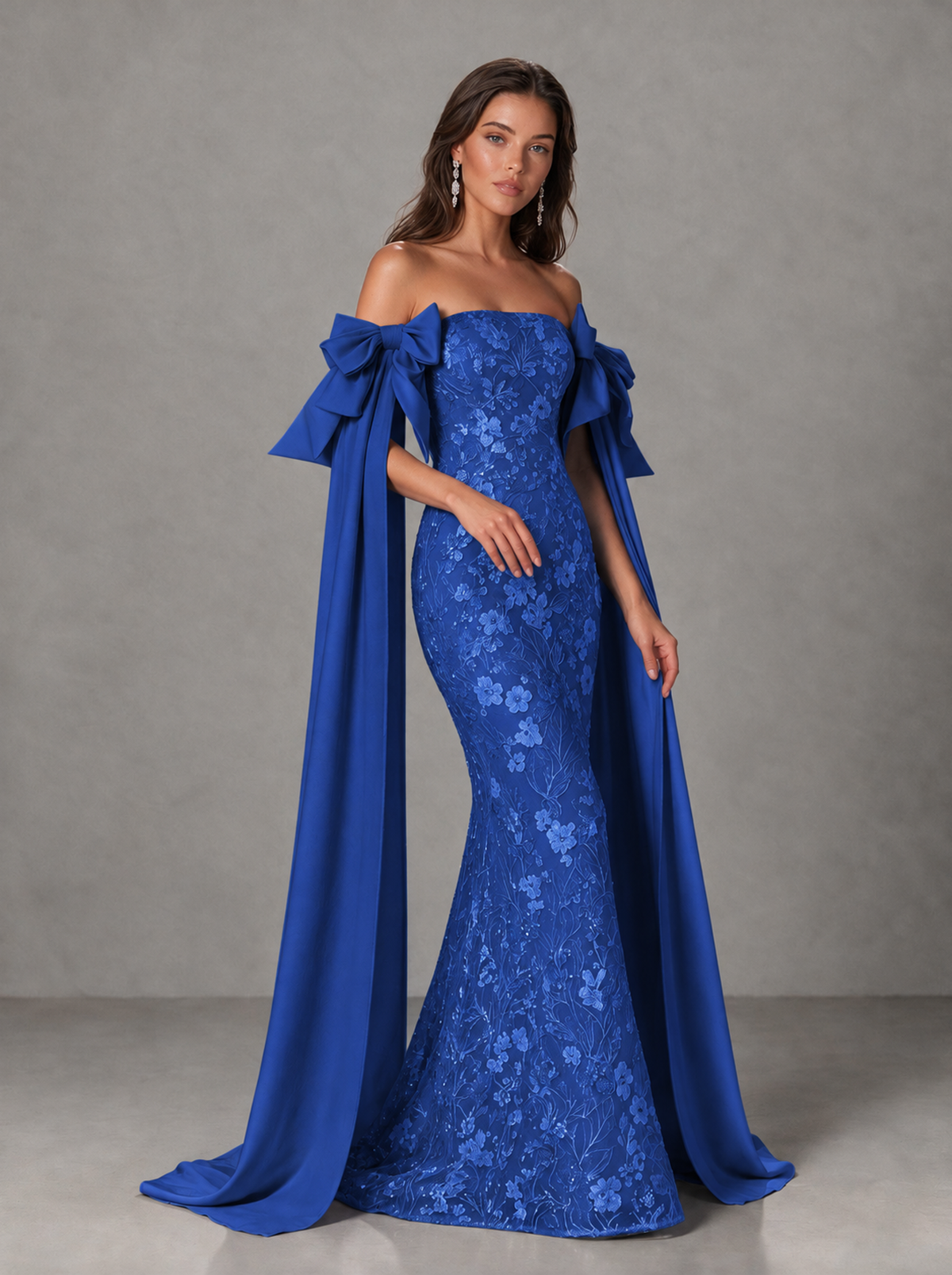BOLODOO Royal Blue Floral Lace Mermaid Prom Dress with Off-Shoulder Bows - Royal Blue - Royal Blue (3)