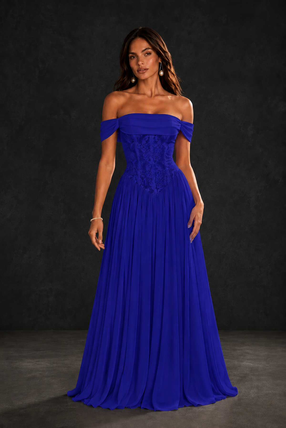 BOLODOO Royal Blue Off-Shoulder Lace Corset Tulle Maxi Dress - Royal Blue