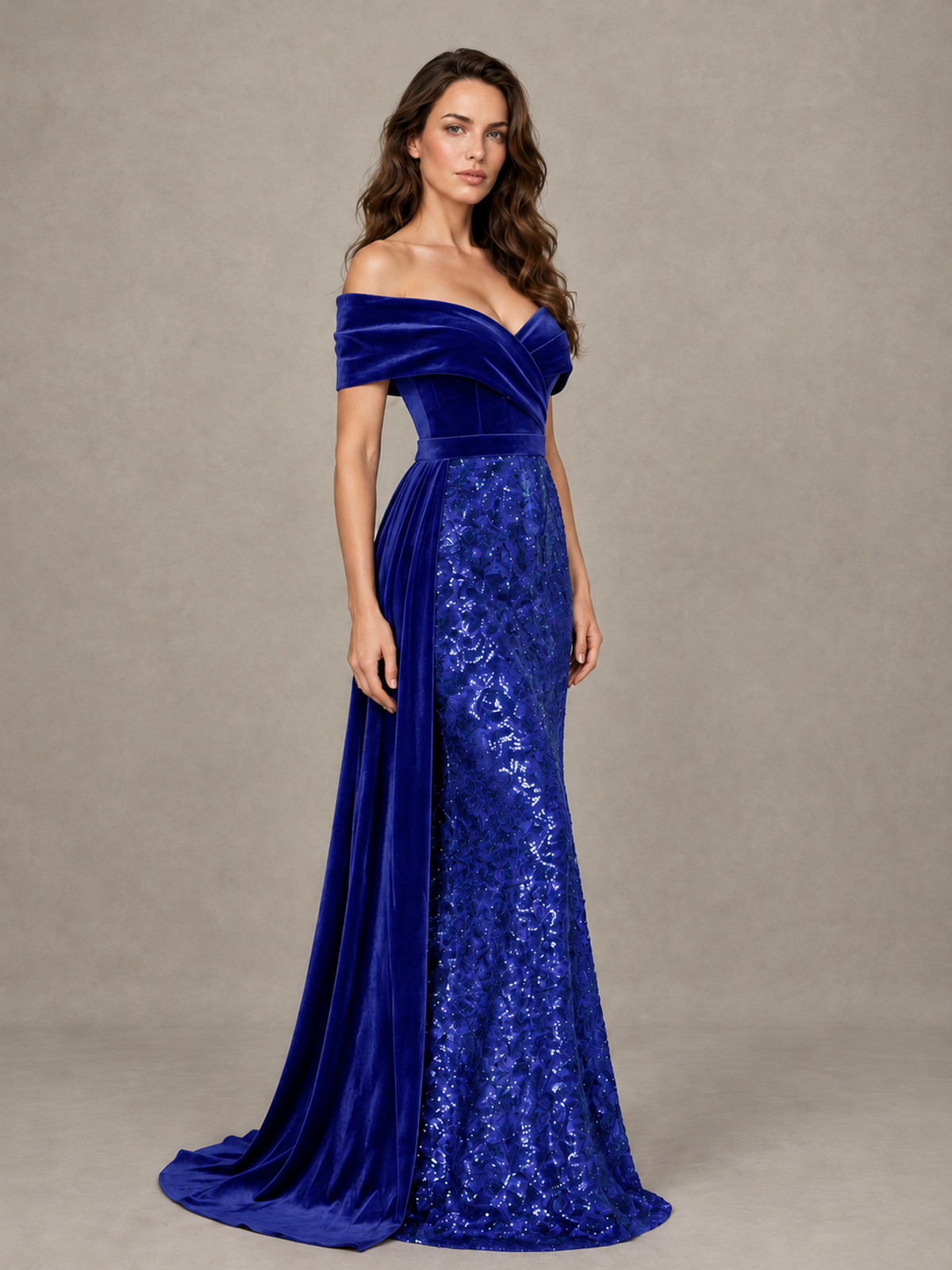 BOLODOO Royal Blue Off-Shoulder Velvet & Sequin Evening Gown with Side Train - Royal Blue - Royal Blue (3)