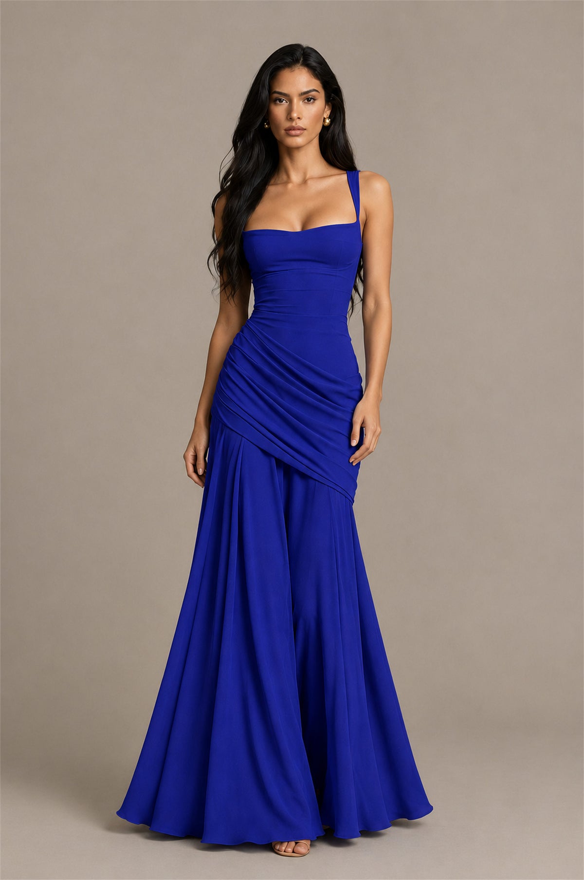 BOLODOO Square Neck Ruched A-Line Maxi Dress - Royal Blue Backless Evening Gown - Royal Blue