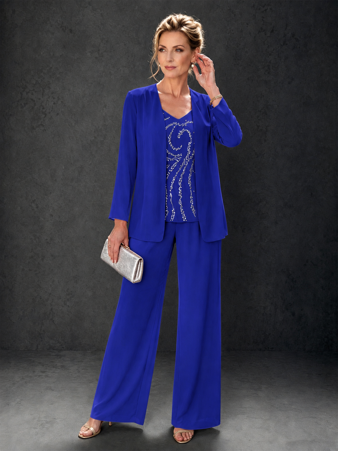 BOLODOO Royal Blue 3-Piece Mother of the Bride Pant Suit with Beaded Top & Chiffon Jacket - Royal Blue