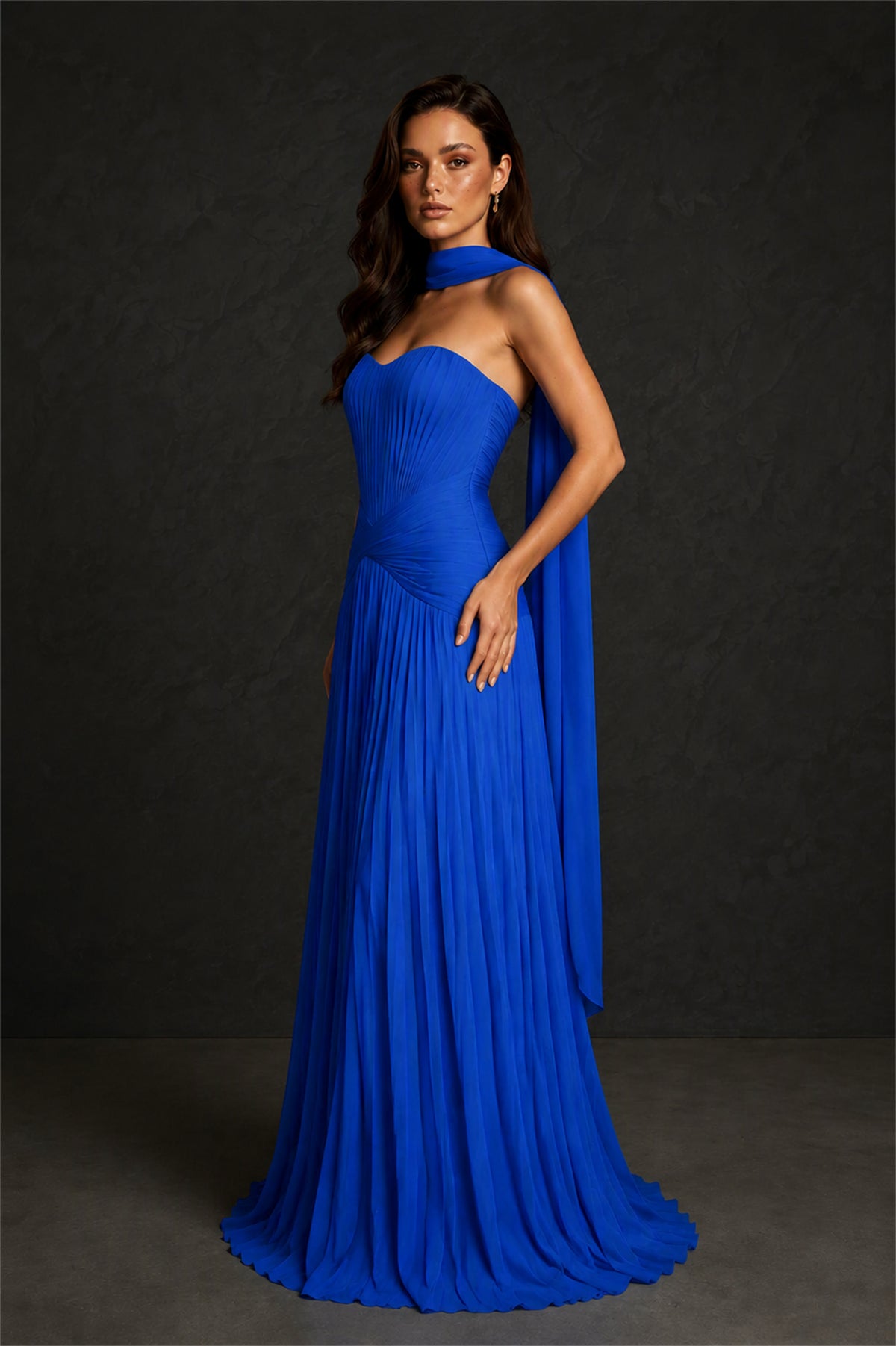BOLODOO Royal Blue Sweetheart Strapless Neck Scarf Pleated Backless A-Line Chiffon Maxi Dress - Royal Blue - Royal Blue
