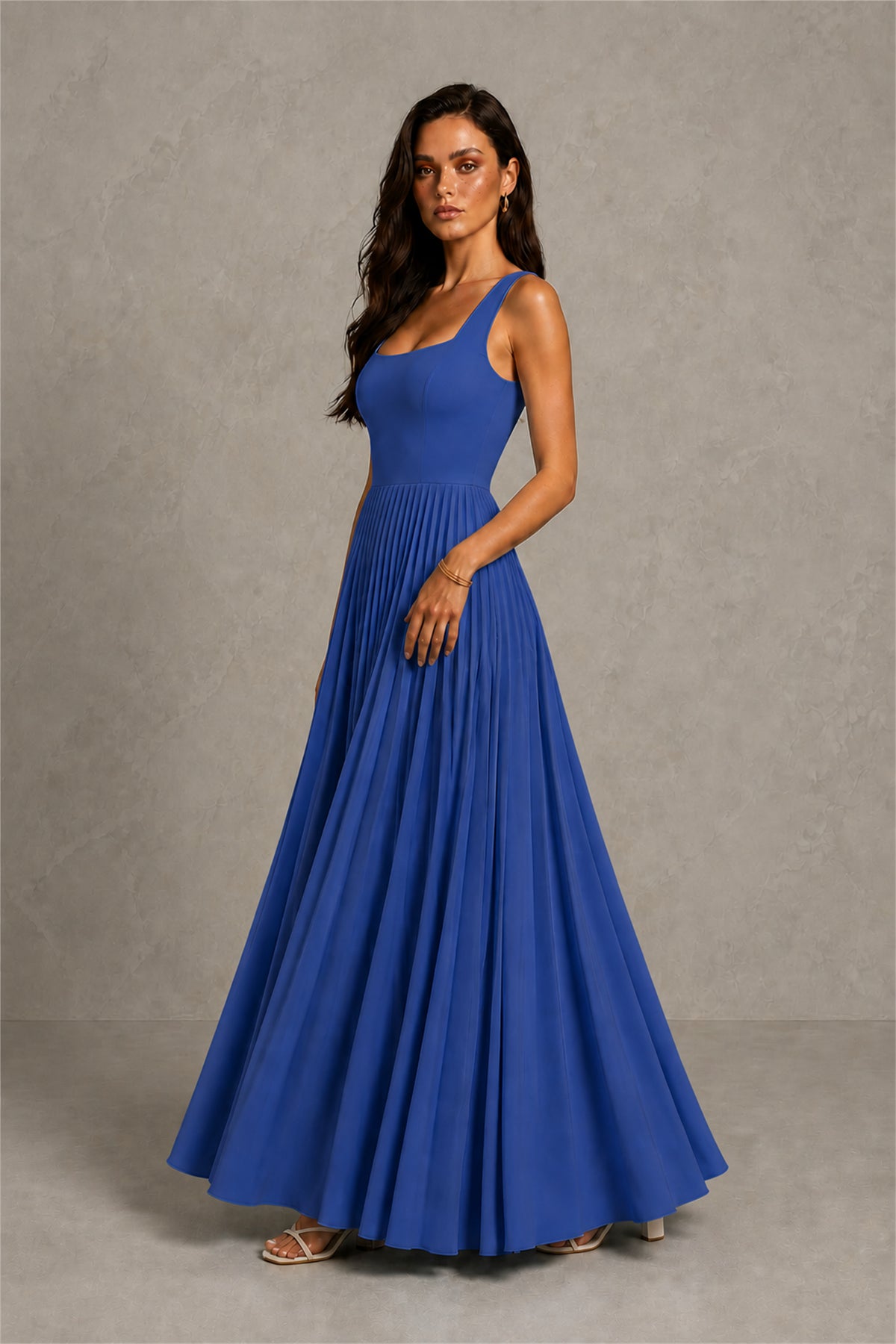 BOLODOO Royal Blue Square Neck Wide Strap Lace-Up Back Pleated A-Line Chiffon Maxi Dress - Royal Blue