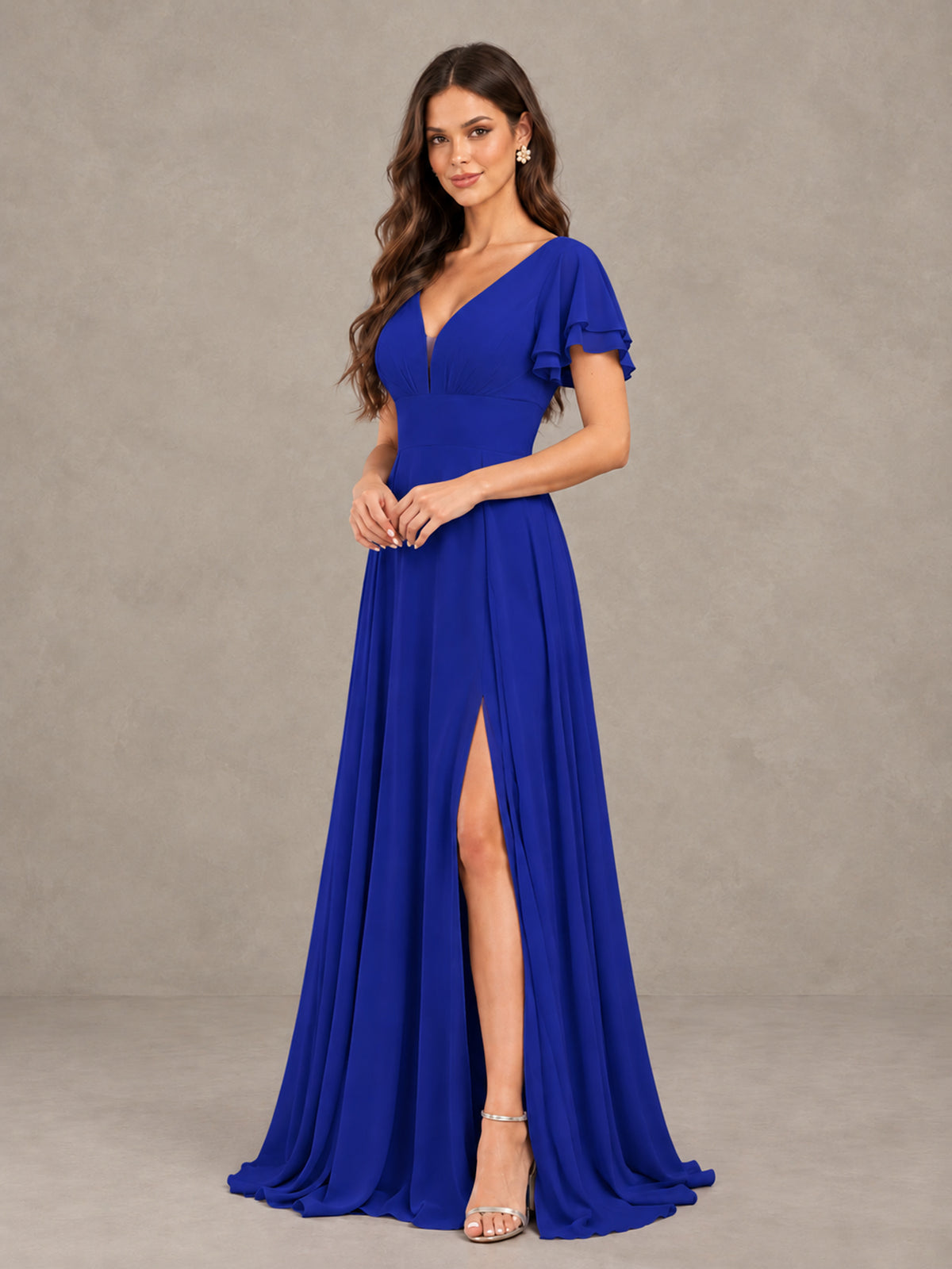 BOLODOO Royal Blue Flutter Sleeve Chiffon A-Line Maxi Bridesmaid Dress with Open Back & Slit - Royal Blue - Royal Blue (3)