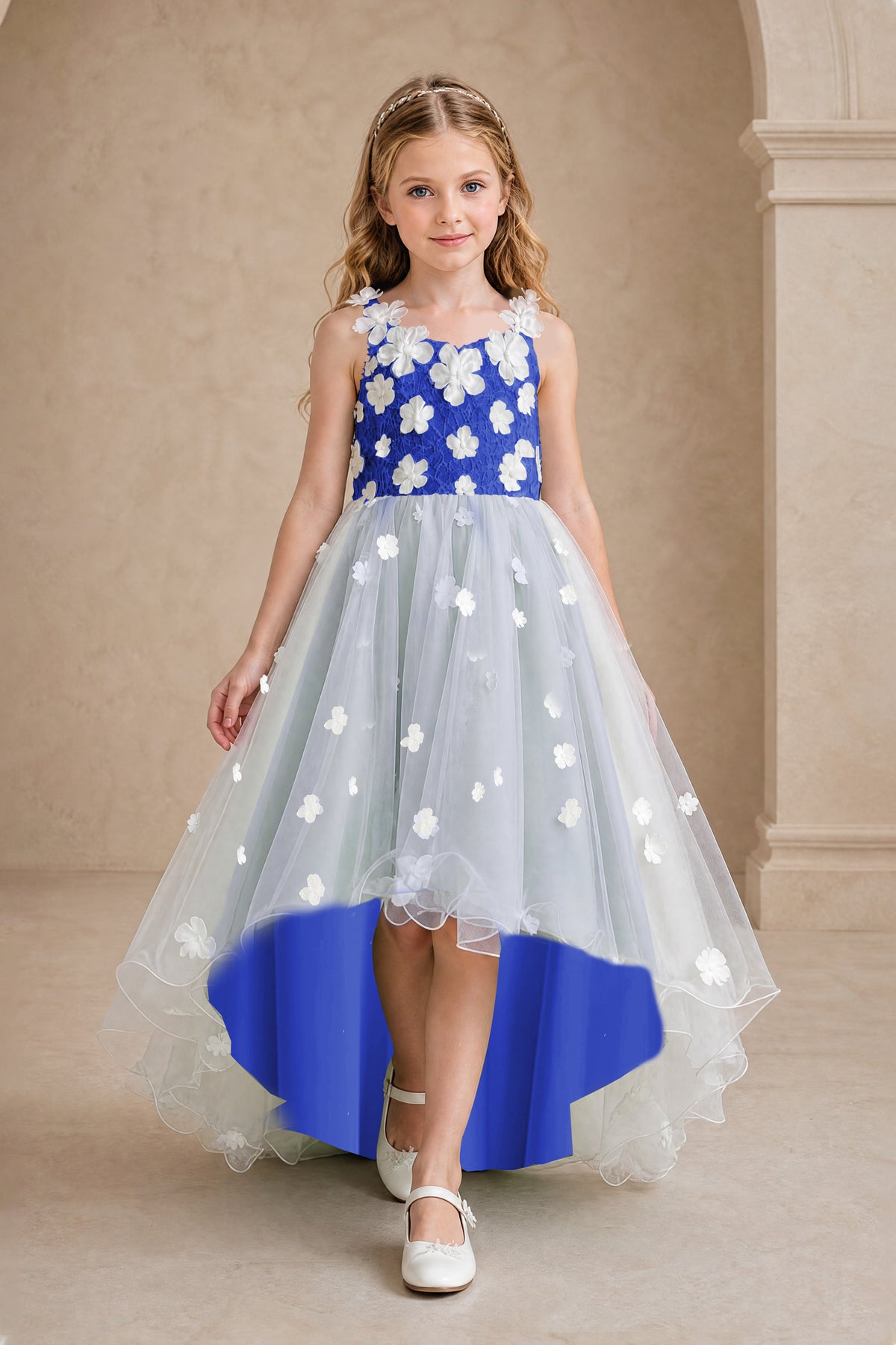 BOLODOO Royal Blue Flower Girl Dress with Floral Appliqué and High-Low Tulle Skirt - Royal Blue
