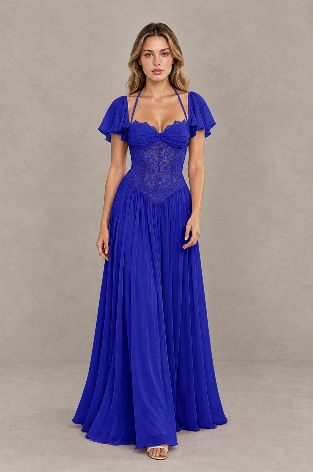 BOLODOO Royal Blue Flutter Sleeve Lace Corset A-Line Maxi Dress - Royal Blue - Royal Blue (3)