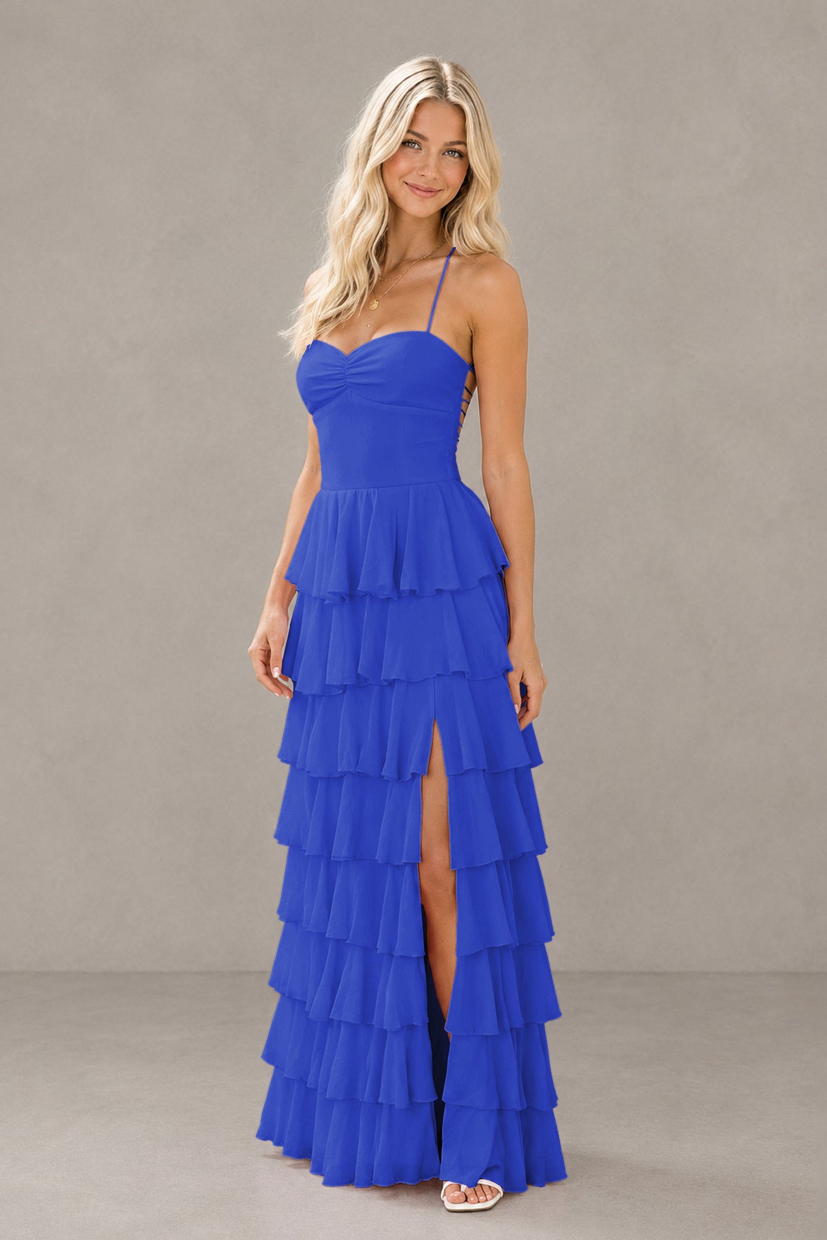 BOLODOO Royal Blue Strapless Tiered Ruffle Maxi Dress with Slit & Lace-Up Back - Royal Blue