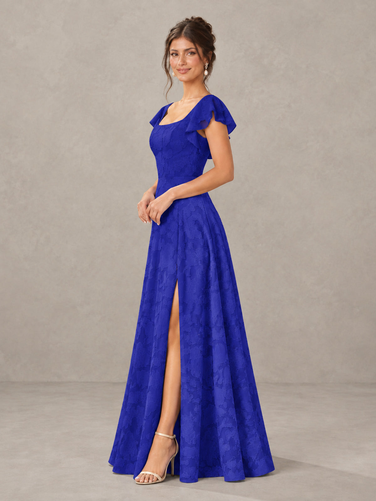 BOLODOO Royal Blue Floral Flutter Sleeve Bridesmaid Dress with Slit - Royal Blue - Royal Blue (3)