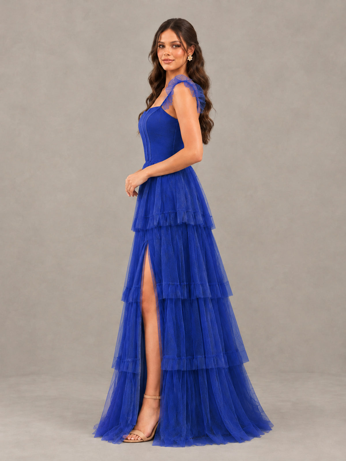 BOLODOO Royal Blue Tiered Tulle Bridesmaid Dress with Slit - Royal Blue - Royal Blue (3)