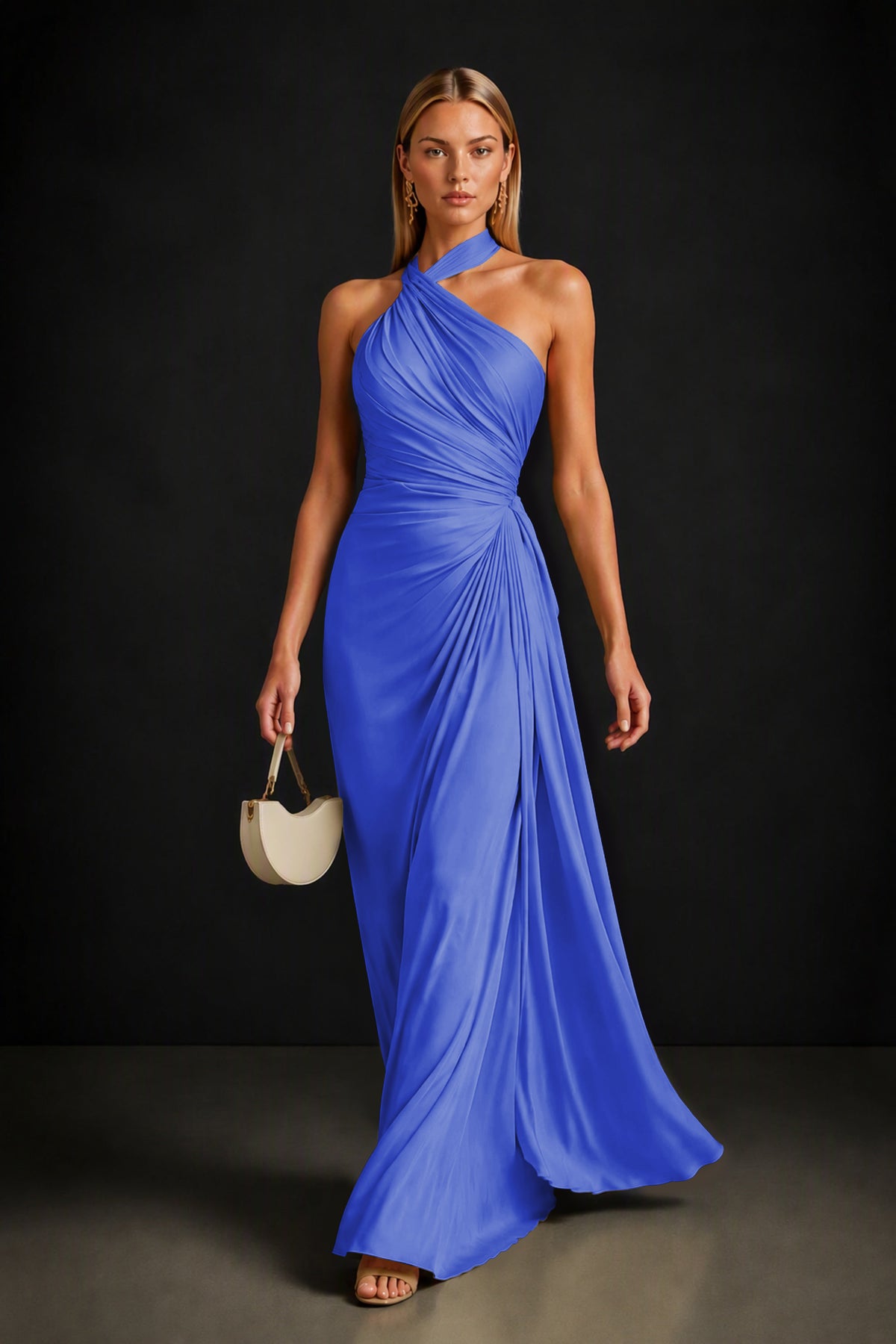 BOLODOO Royal Blue Twisted Halter Neck Ruched Sleeveless Open Back Floor-Length Gown - Royal Blue