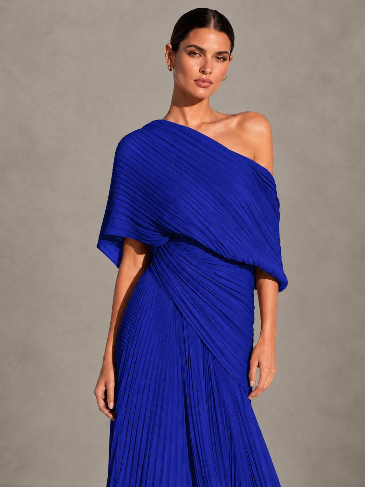 BOLODOO Royal Blue One-Shoulder Pleated Cape Evening Gown with Train - Royal Blue - Royal Blue (3)