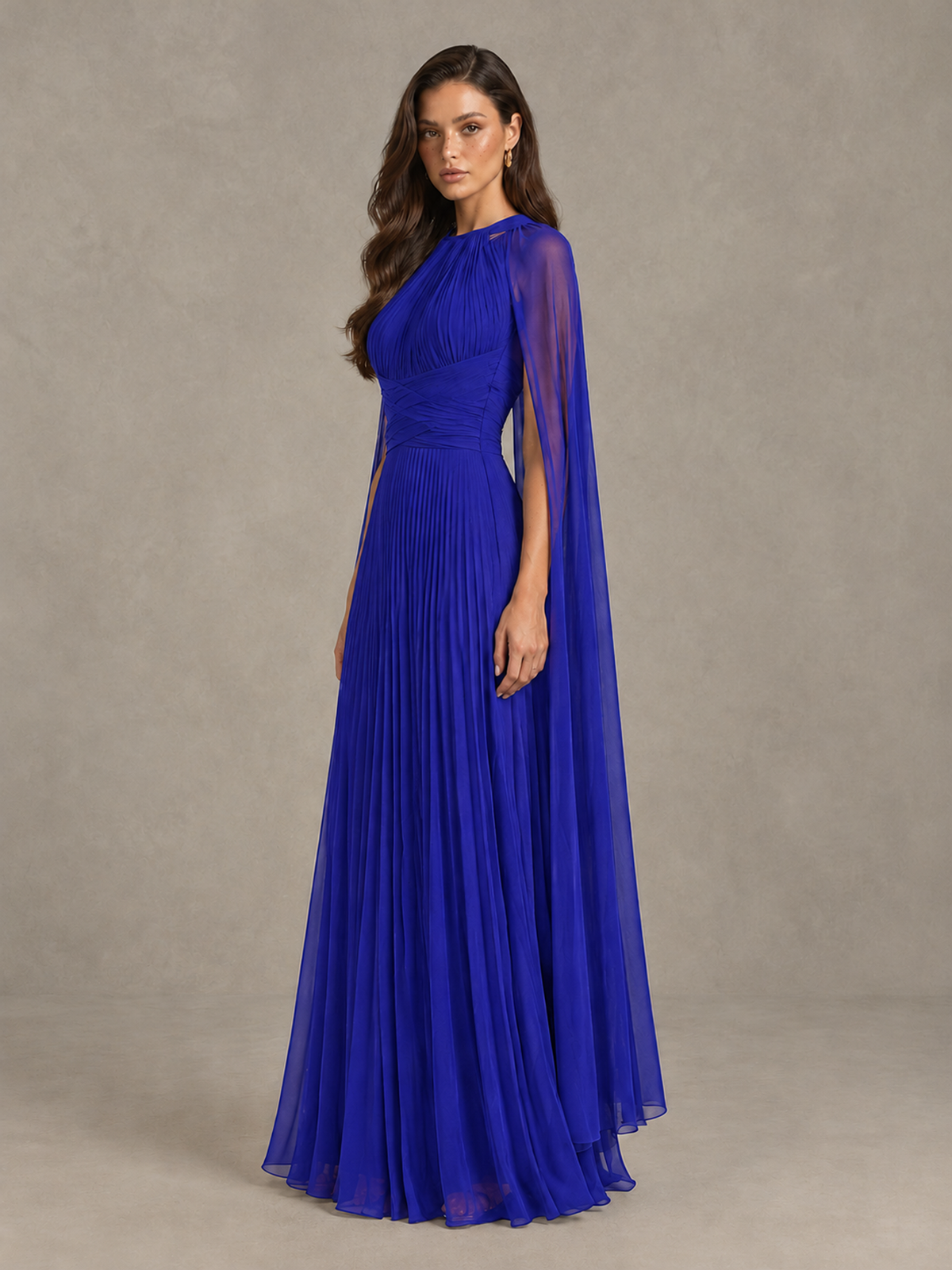 BOLODOO Royal Blue Pleated Cape Maxi Wedding Guest Dress - Royal Blue - Royal Blue (3)
