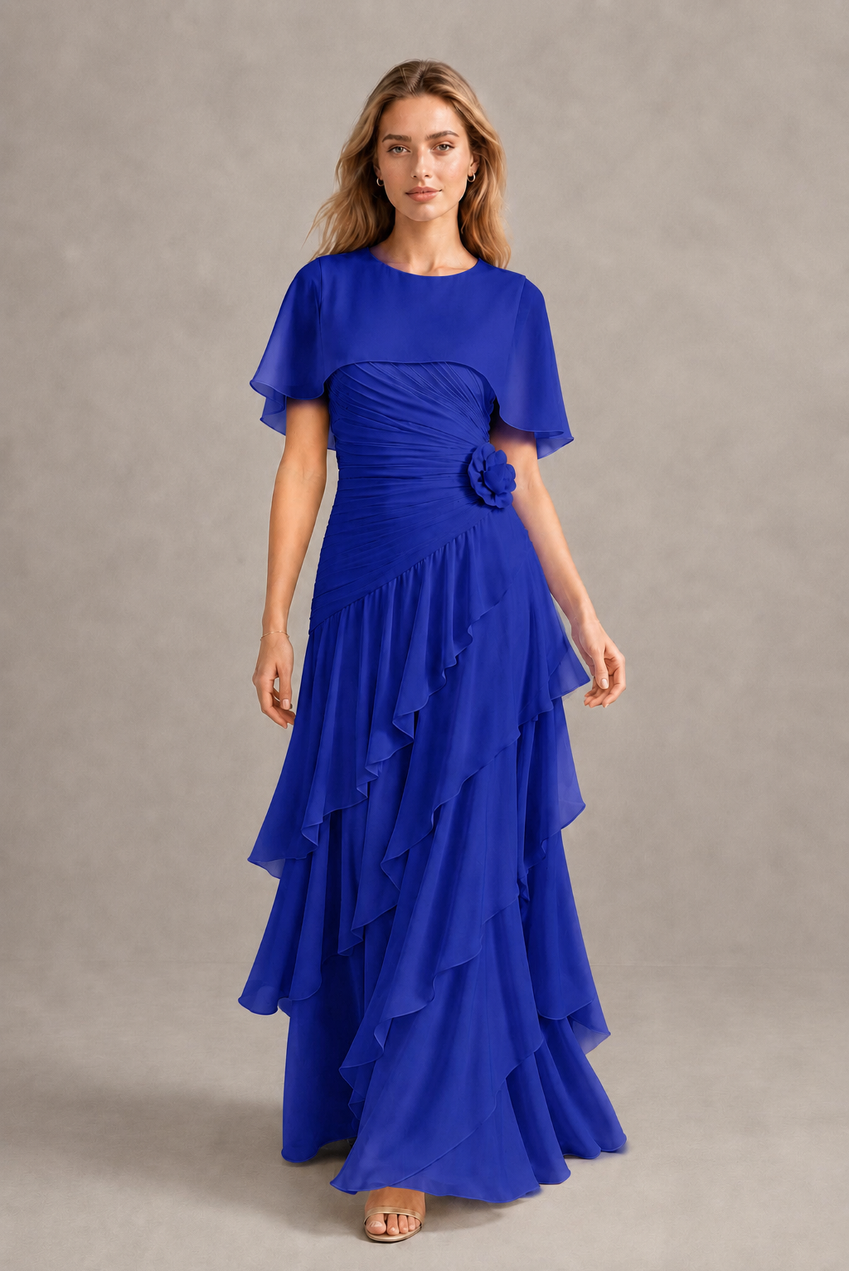 BOLODOO Royal Blue Chiffon Flutter Sleeve Tiered Maxi Dress with 3D Rosette - Royal Blue