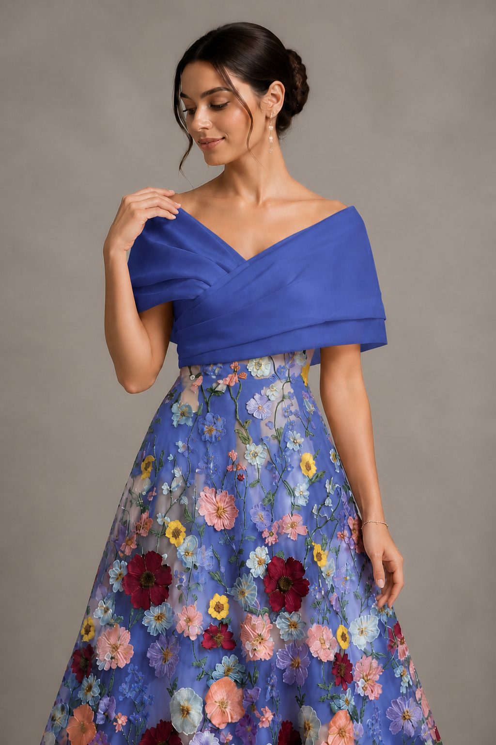 Royal Blue Off-Shoulder Satin & 3D Floral Embroidered Tulle Tea Length A-Line Dress - Royal Blue